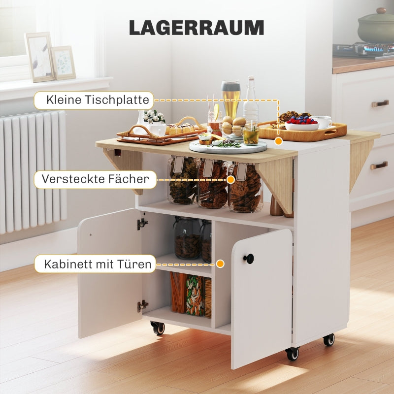 Klapptisch mit Rollschrank, zwei klappbare Seiten, 4 Rollen, Weiß + Naturholz