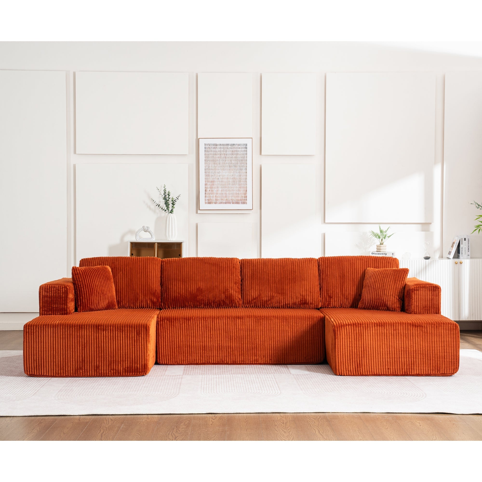Modern U-Type Leisure Sofa with Modular Non-Assemblable Design and Lounge Chairs, Lamp Fabric