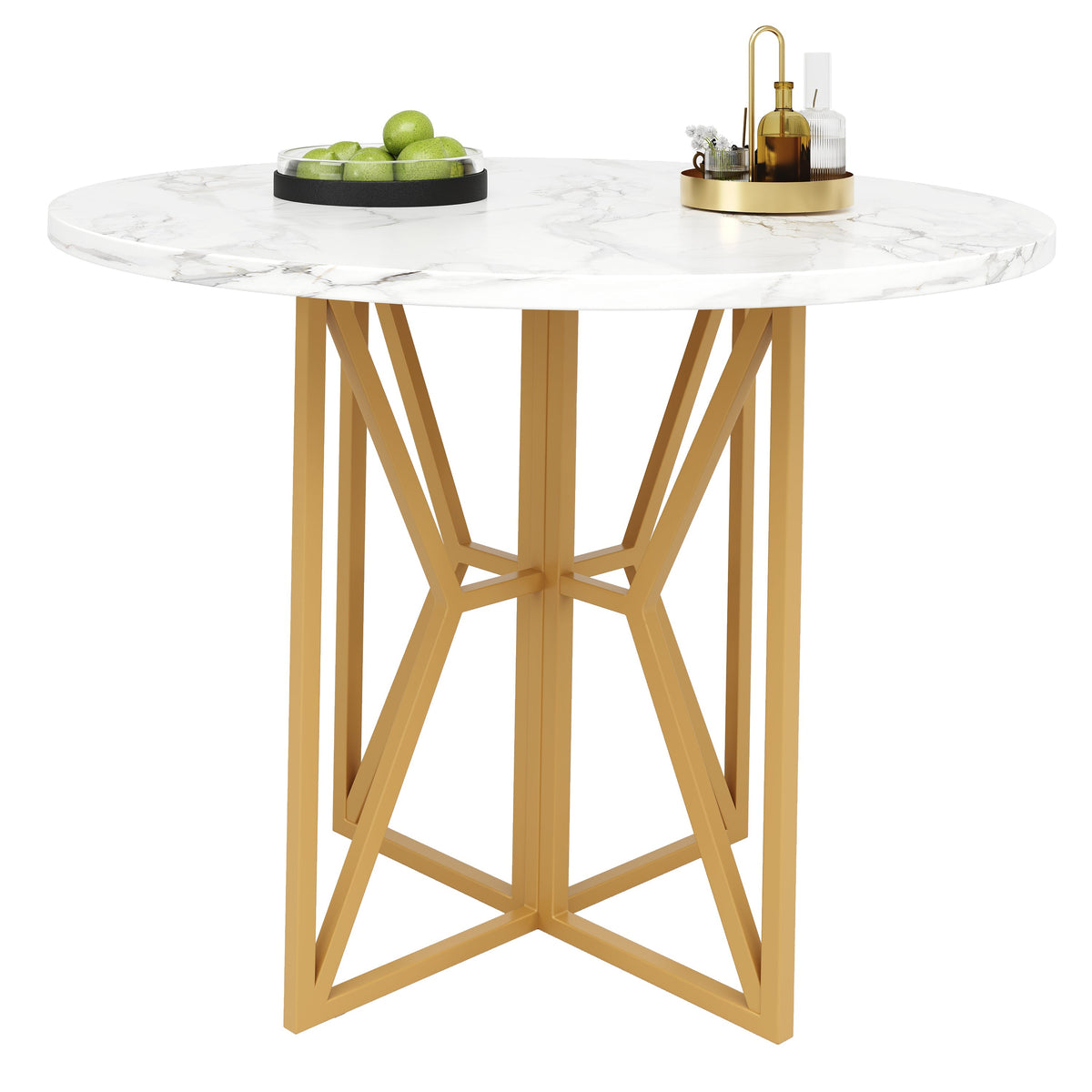Round Dining Table 80cm 4-6 Seater Gold Legs - Marbled MDF