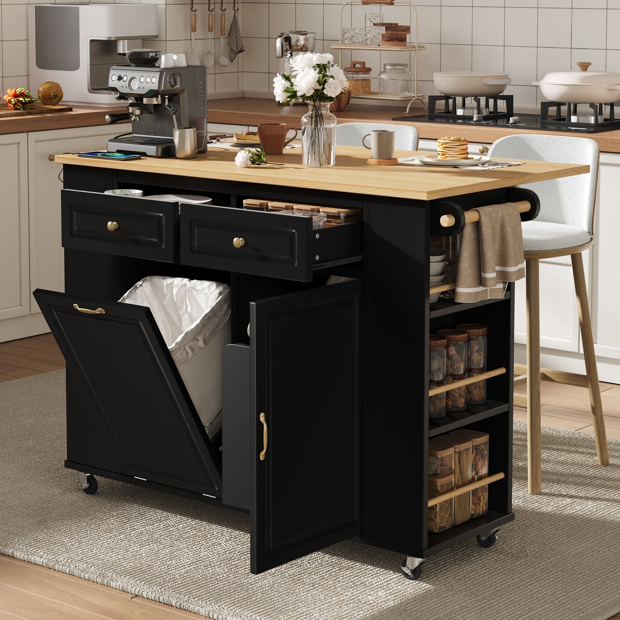 Kitchen Island Mobile Serving Cart Extendable Table Wheels Waste Bin Power Strips Black