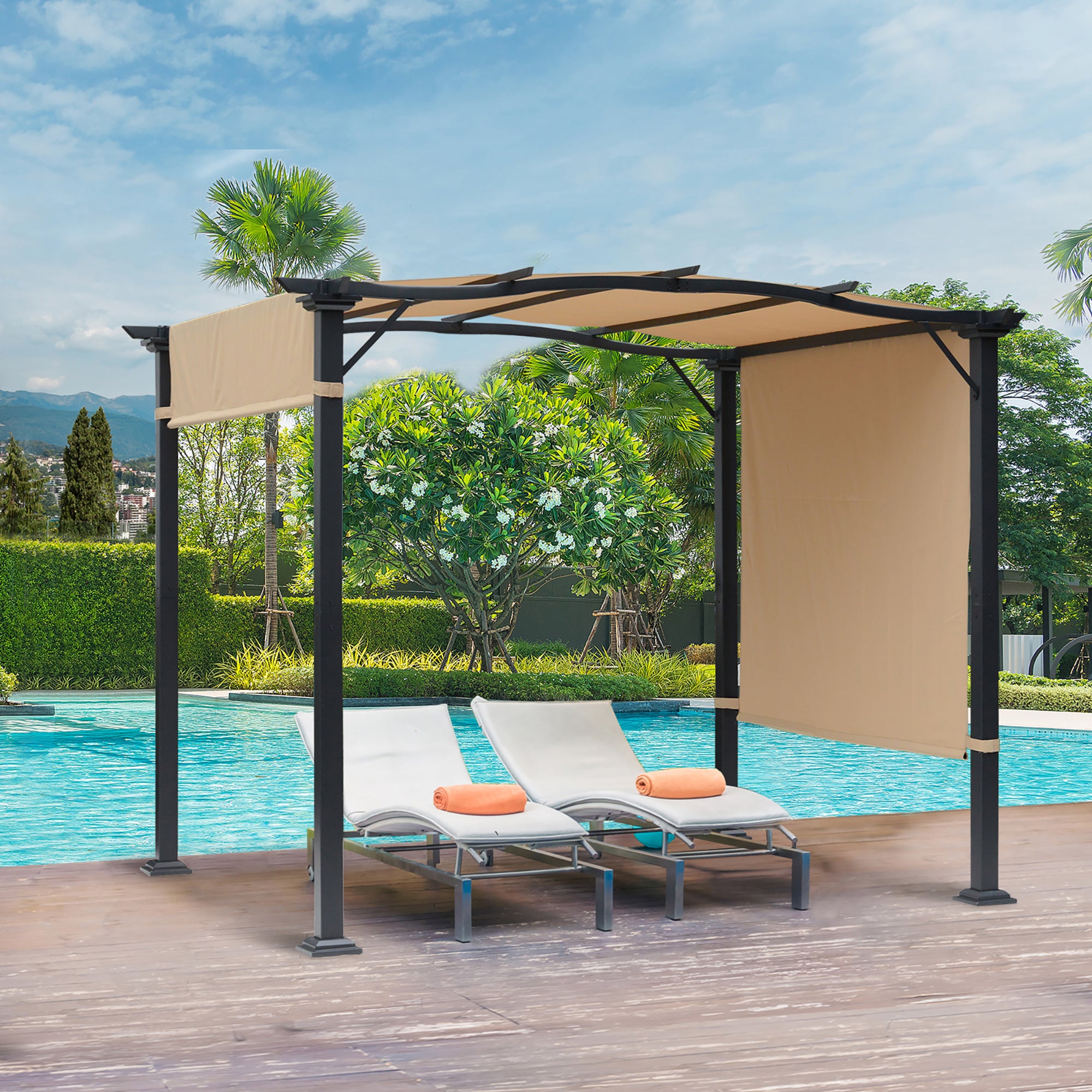 Outdoor Retractable Pergola Garden Gazebo Adjustable Side Canopy Overhead Sun Shade Steel Khaki