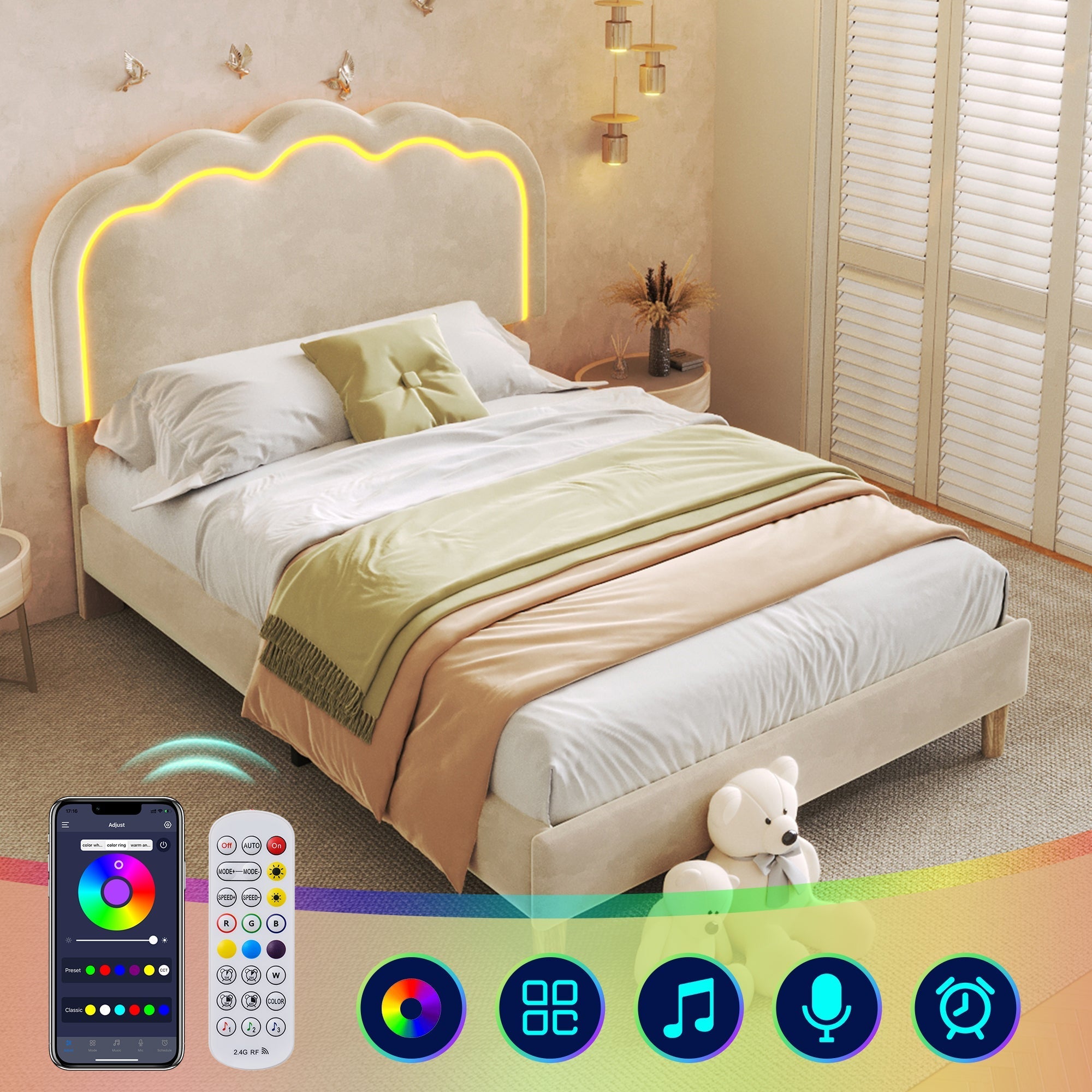 Upholstered Bed, Single with LED, Adjustable Height Headboard, Beige Velvet