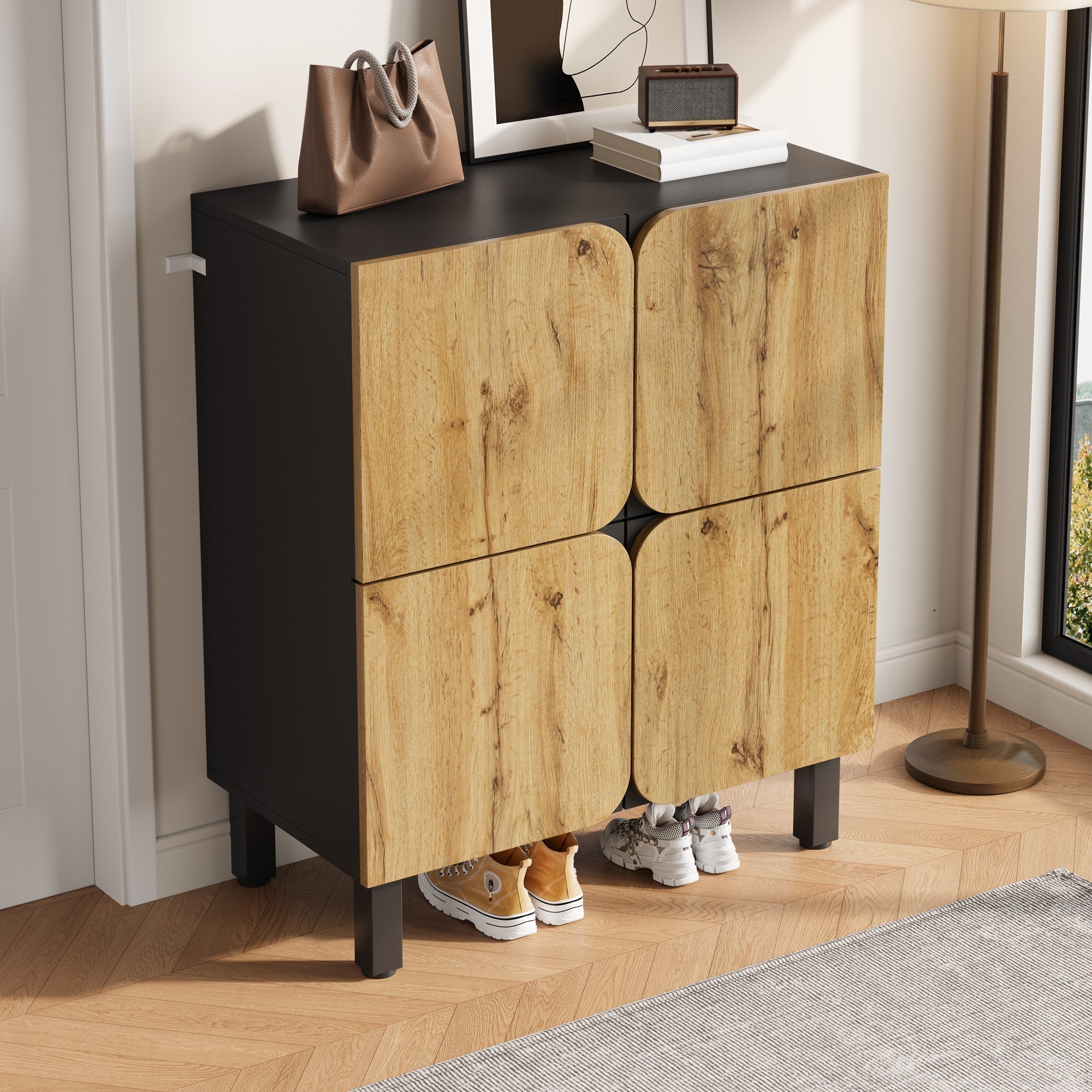 Shoe Cabinet 4 Doors Adjustable Shelves Curved Doors Black