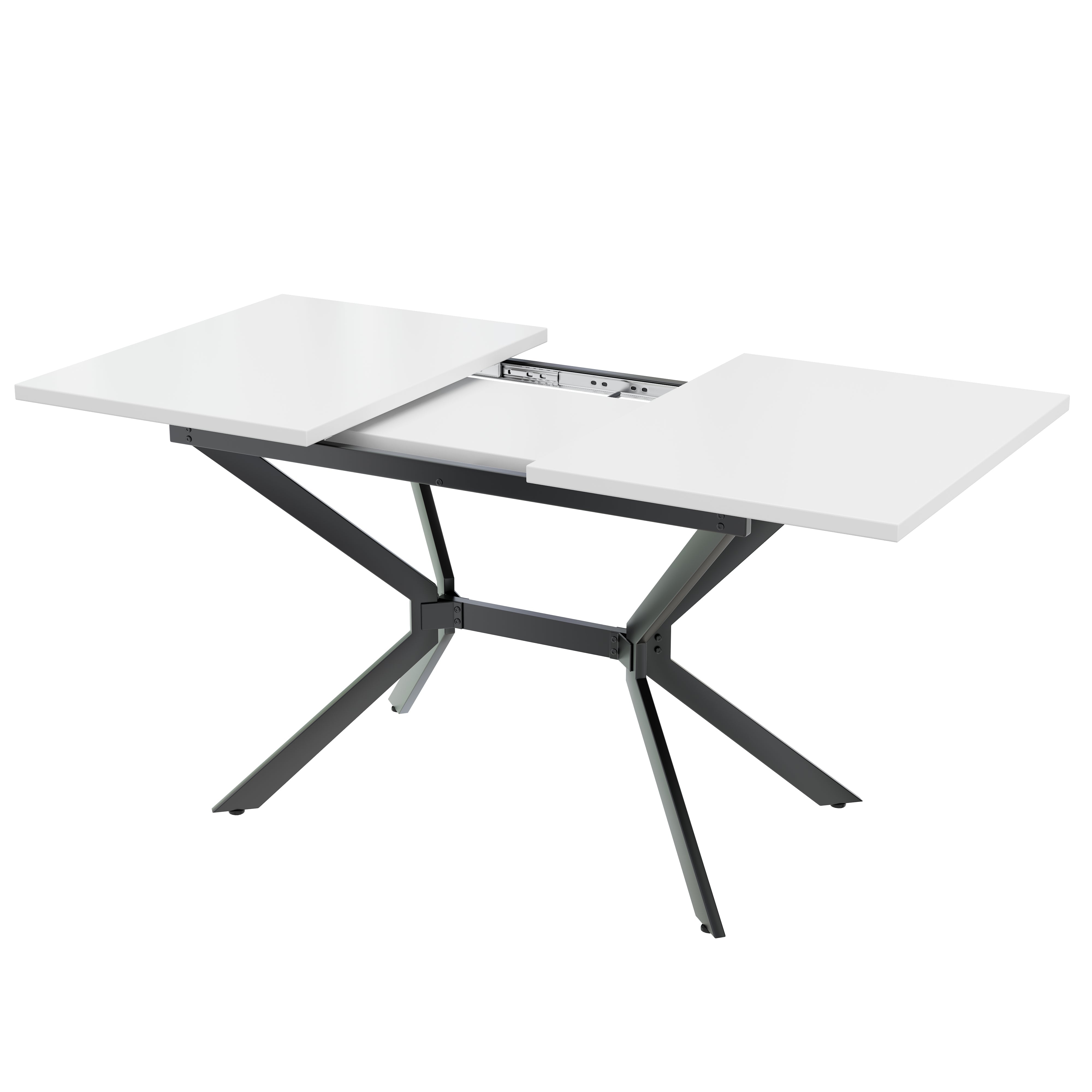 Extendable Dining Table, Rectangular Seating for 4-6 People, White and Black Metal