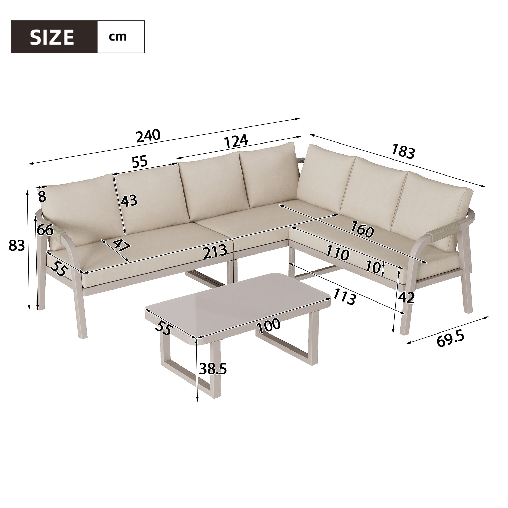 Garden Furniture Set with Corner Sofa and Coffee Table, Seats 6, Woven Beige Steel Tubes
