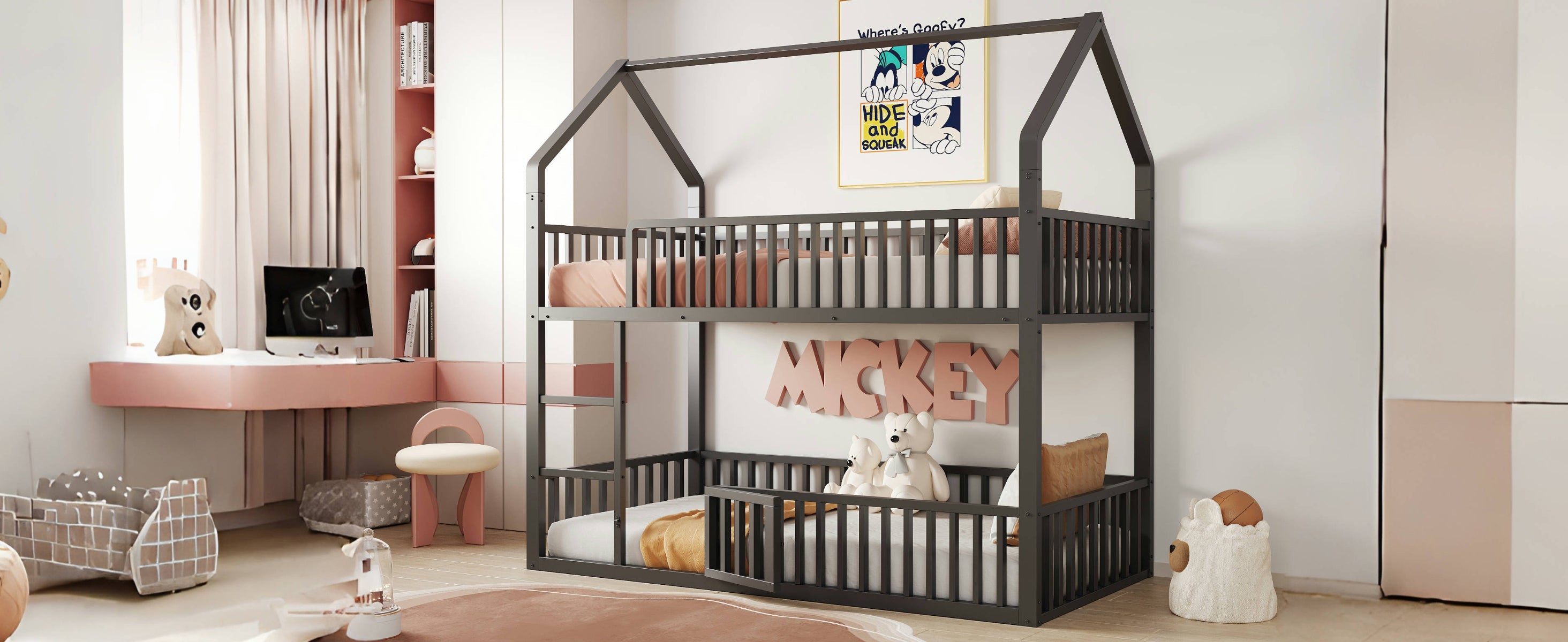 Children's Bunk Bed 90*200, Loft Design with Stairs & Small Door, Metal Black