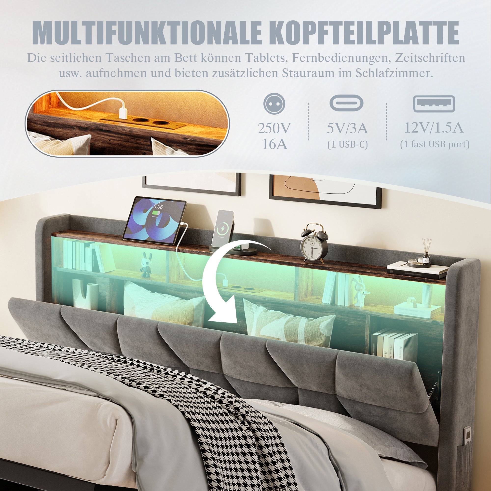 Multifunctional Bed with LED Lighting, Storage Headboard and USB Charging, 160x200cm Dark Grey Velvet
