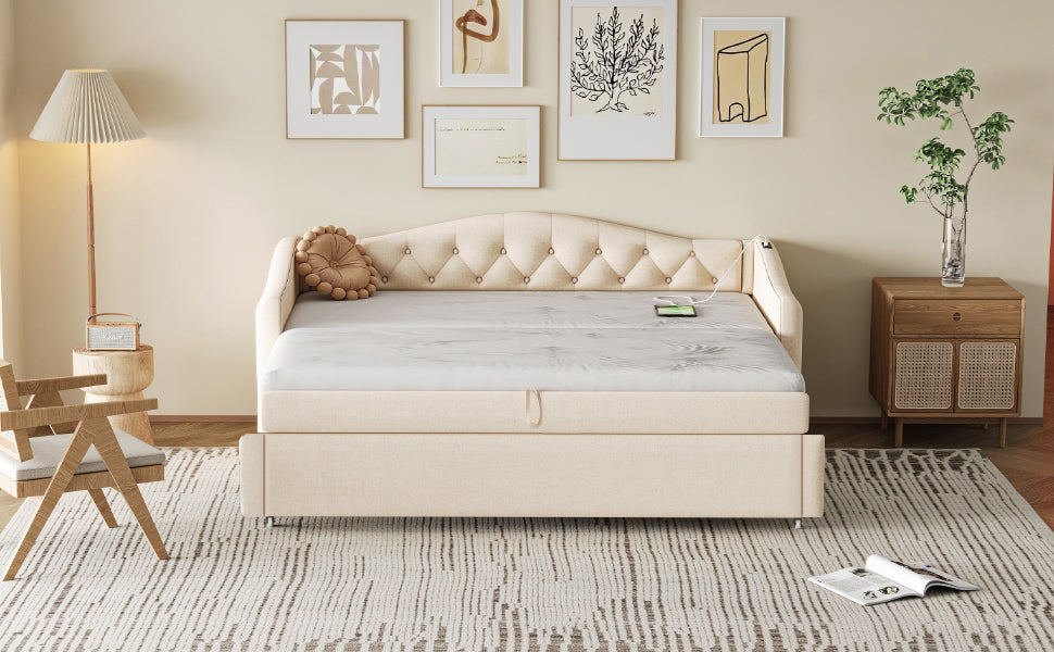 Upholstered Pull-out Sofa Bed with USB Port, Slatted Frame, Multifunctional - Linen Fabric, Beige