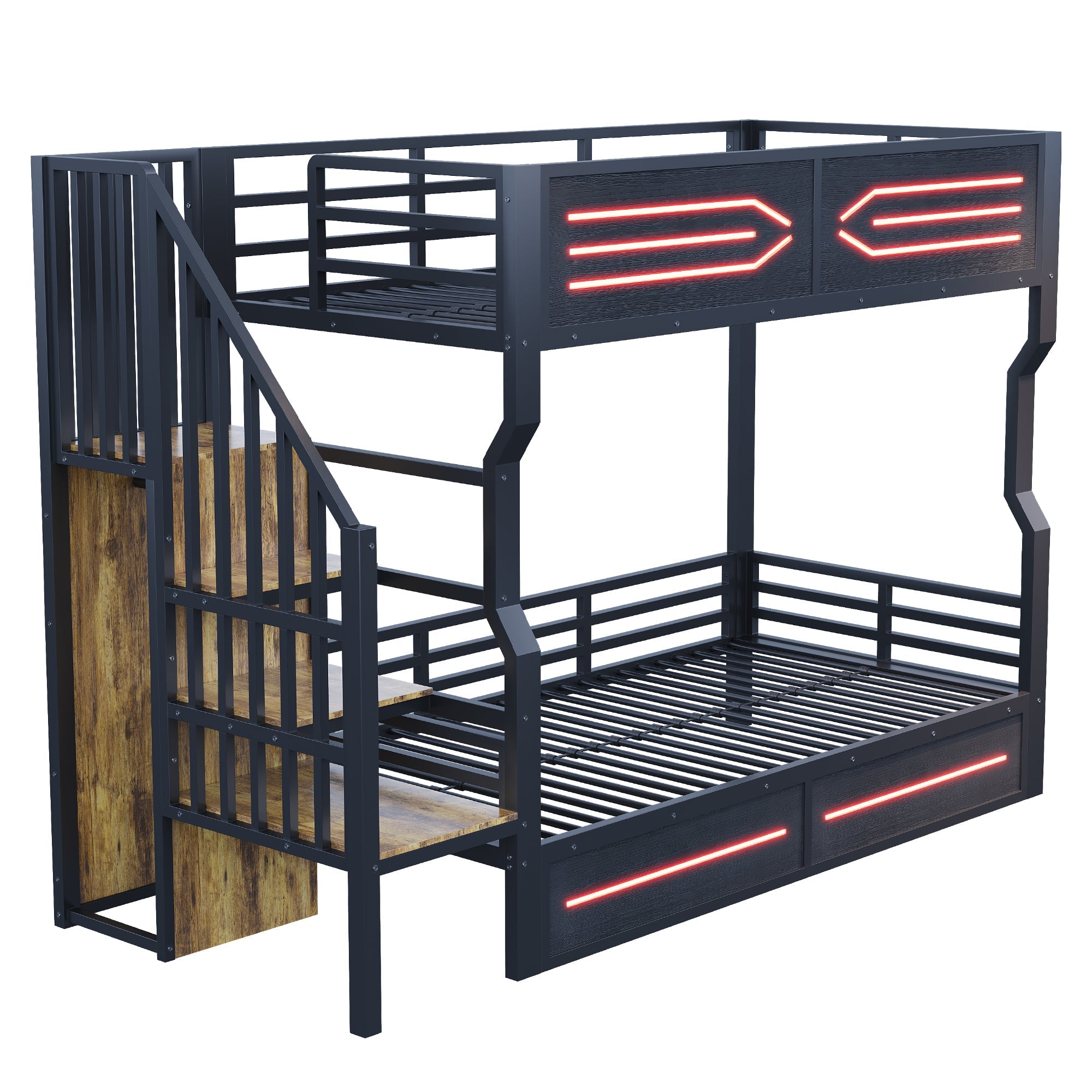 Loft Bed with Storage Stairs, LED Lighting and High Railing, 90x200cm, Black Iron