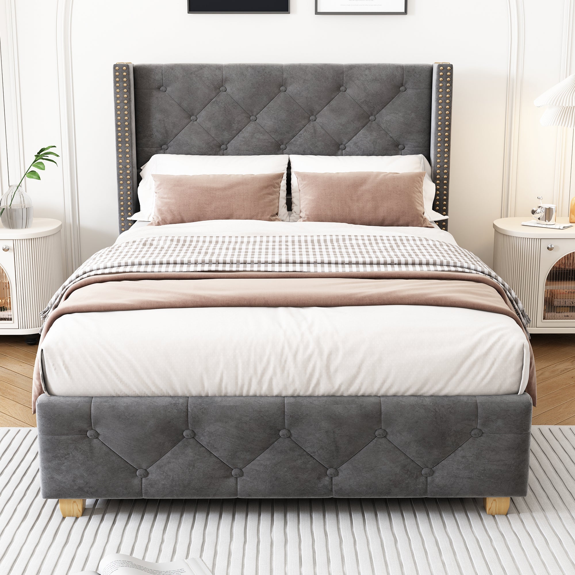 Upholstered Bed, Single Bed-3ft(90*190cm) with Slatted Frame and Headboard, Button Upholstery, Rivet Upholstery, Wooden Legs, Velvet, Grey