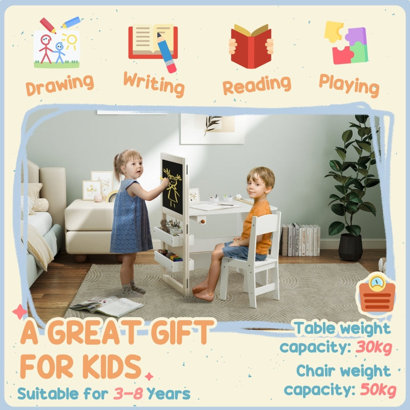 3 in 1 Kids Table and Chair Set with Storage, Whiteboard, Blackboard, Roll Paper for 3-8 Years, White