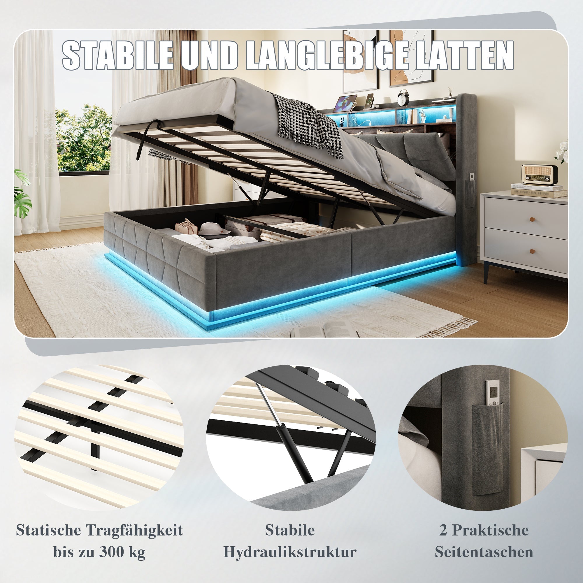 Multifunctional Bed with LED Lighting, Storage Headboard and USB Charging, 160x200cm Dark Grey Velvet
