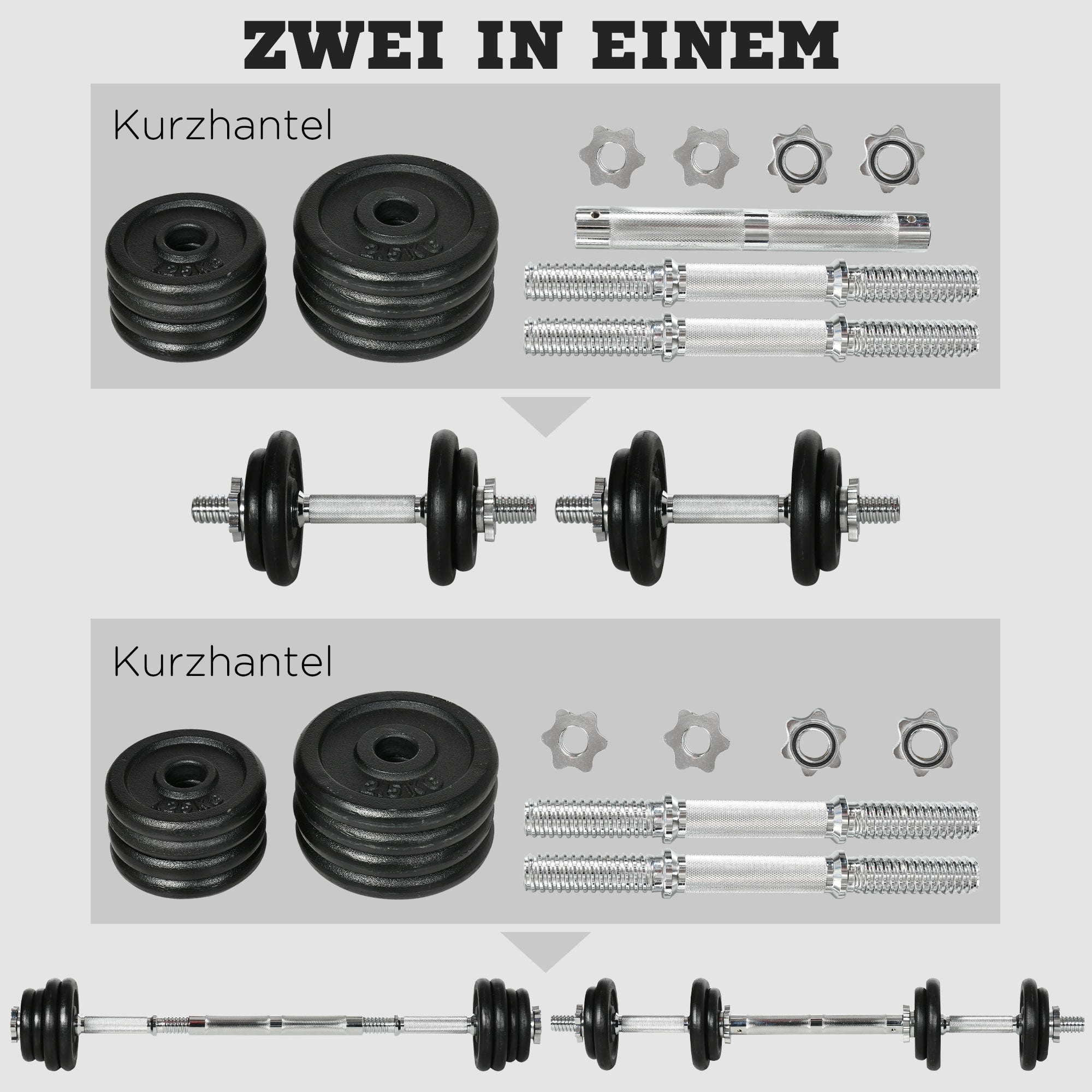 Dumbbell Set 2-in-1, Adjustable 20KG with Barbell, Rust-Proof Metal