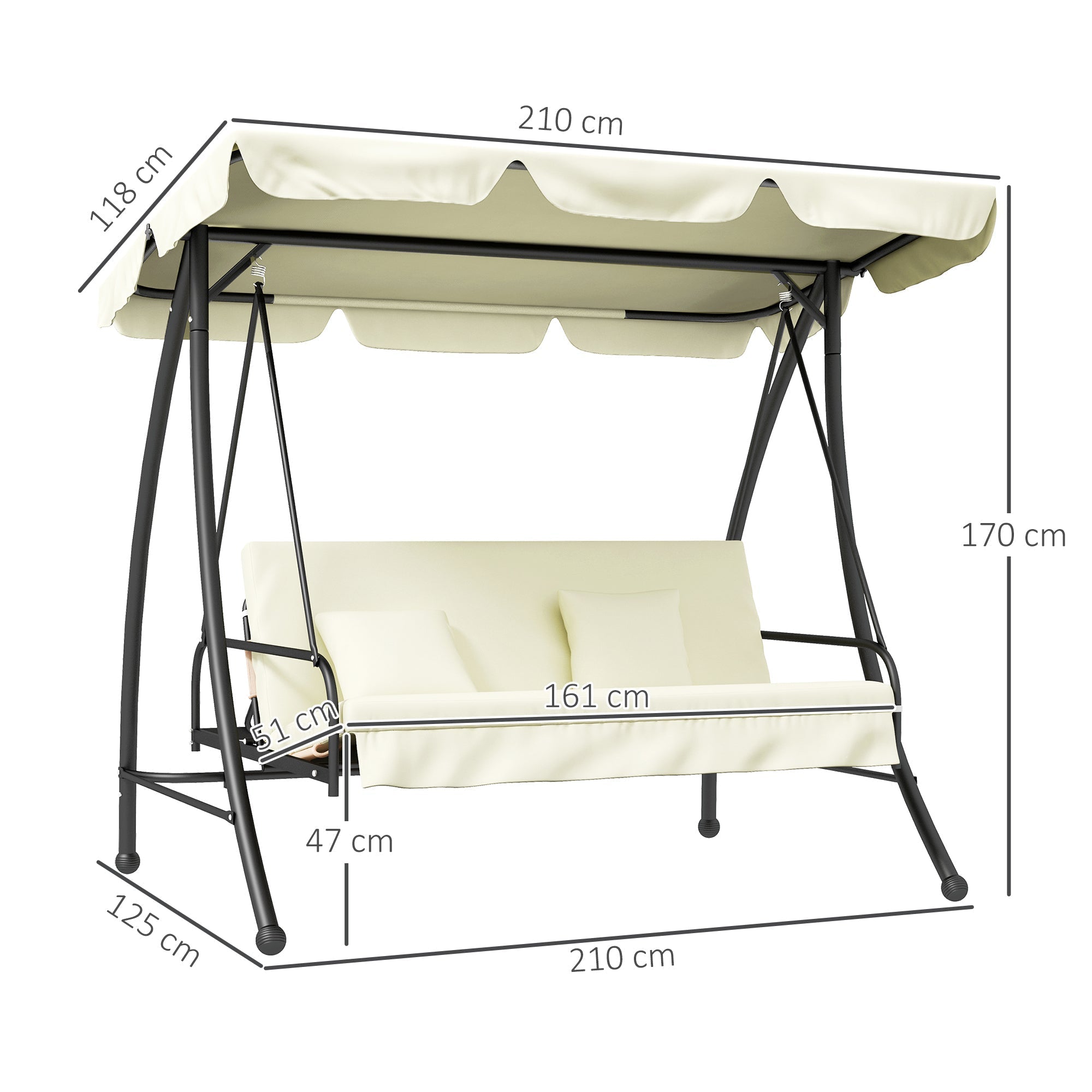 Outsuuny 2-in-1 Hollywood Swing Reclining 3-Seater Garden Lounger, Cream White