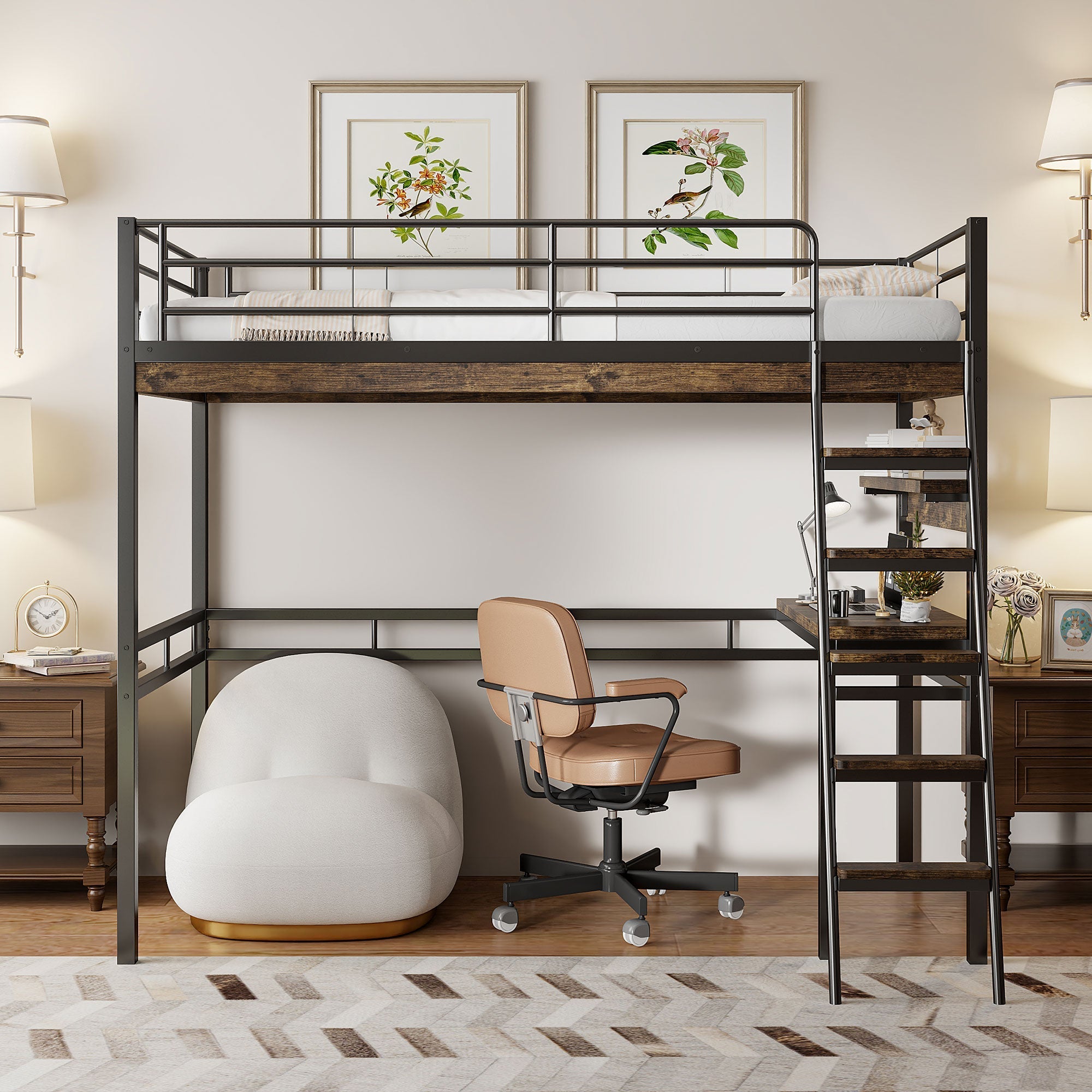 Loft Bed 90x200cm with Desk Shelves Ladder - Black Iron