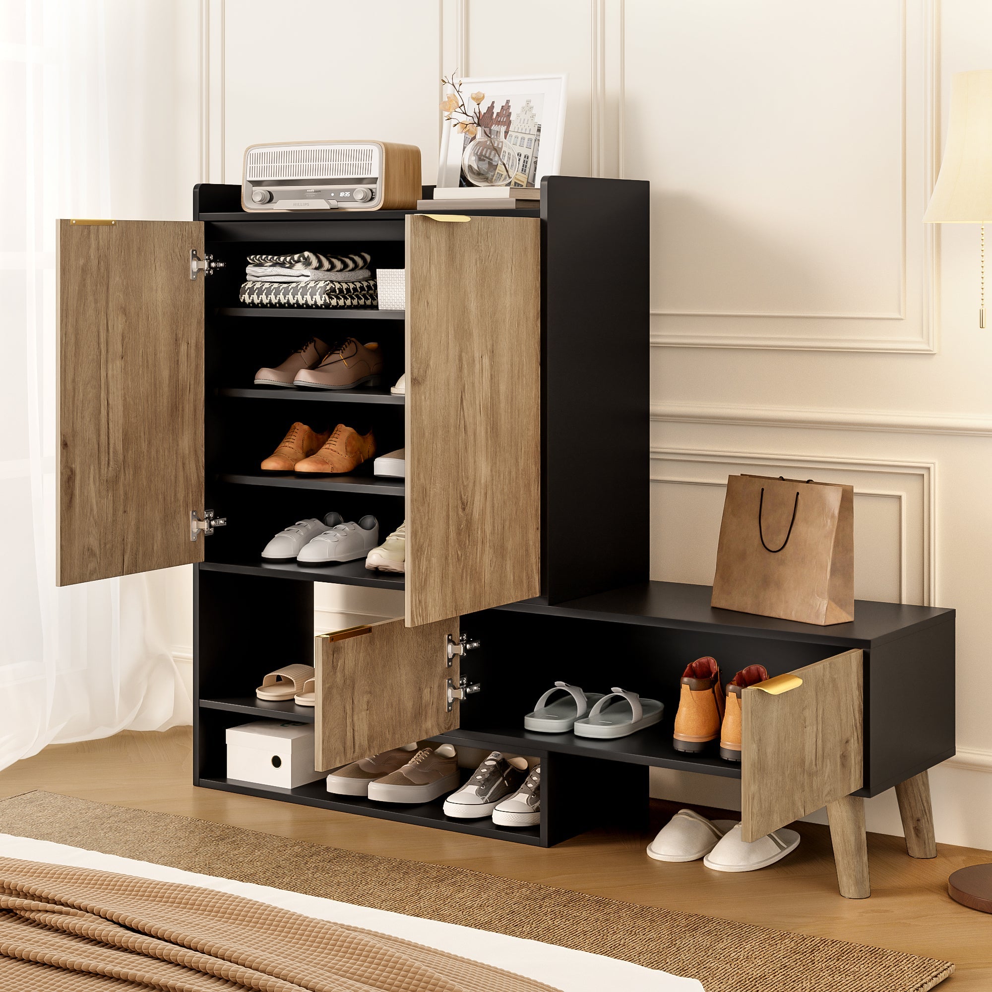 Multifunctional Shoe Cabinet, Extendable Swivel Seat, Large Storage, Open/Closed Shelving, Black + Wood Finish
