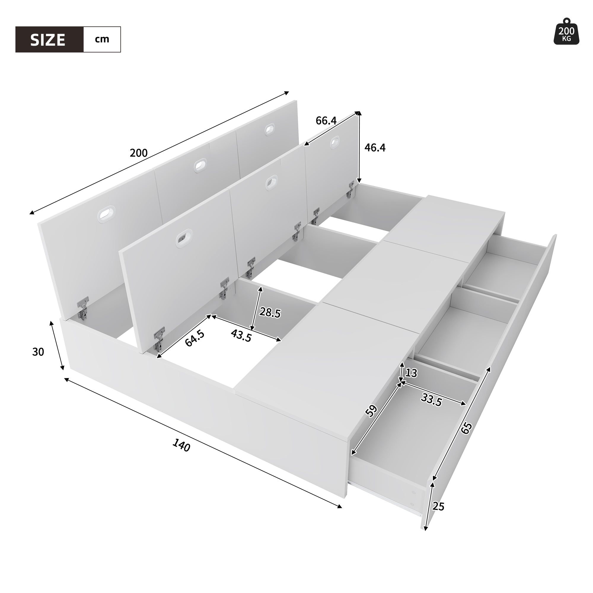 Solid Wood Storage Bed 140x200cm Pallet Drawers - White