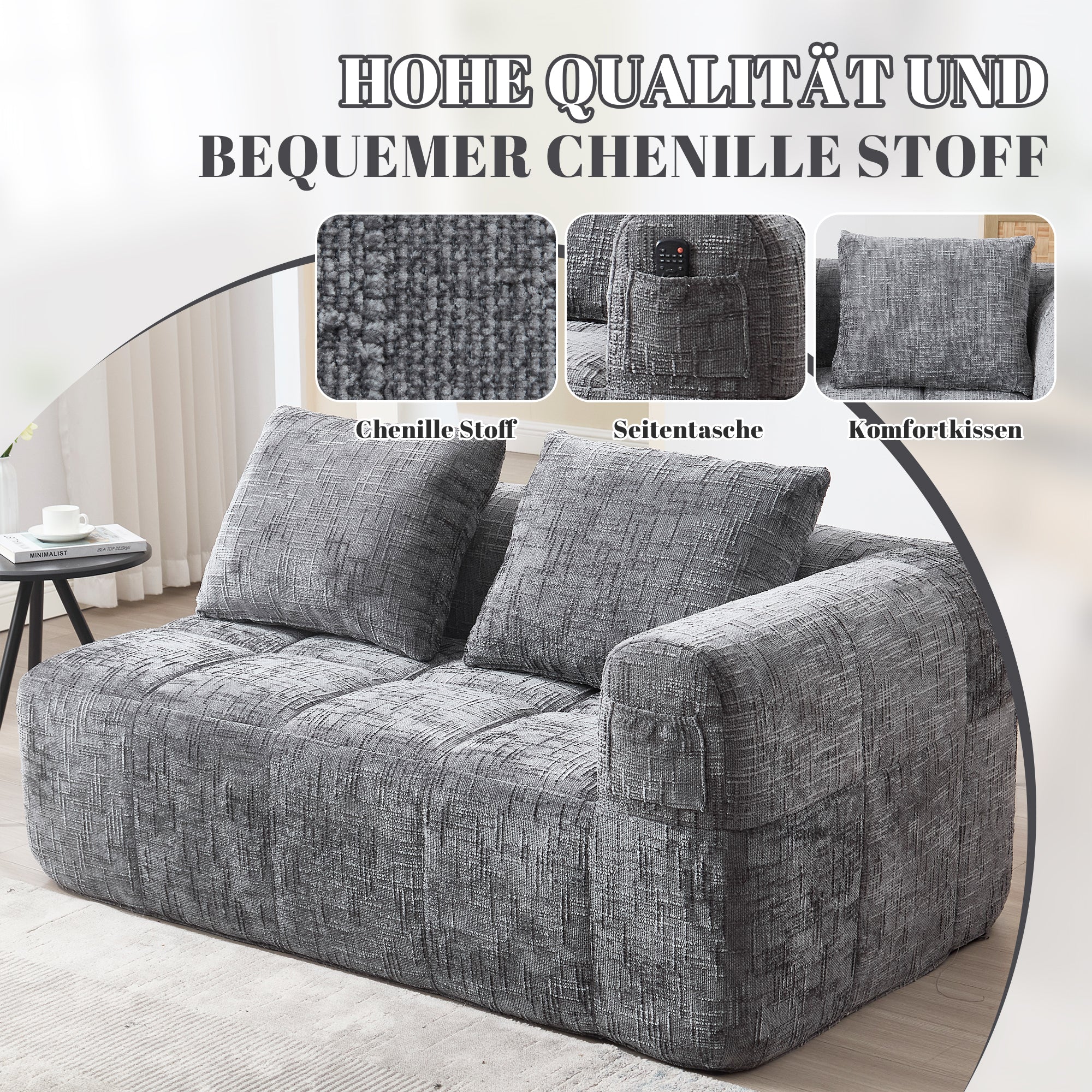 Sofa, Plush 2-Person No Assembly Side Pockets, Grey