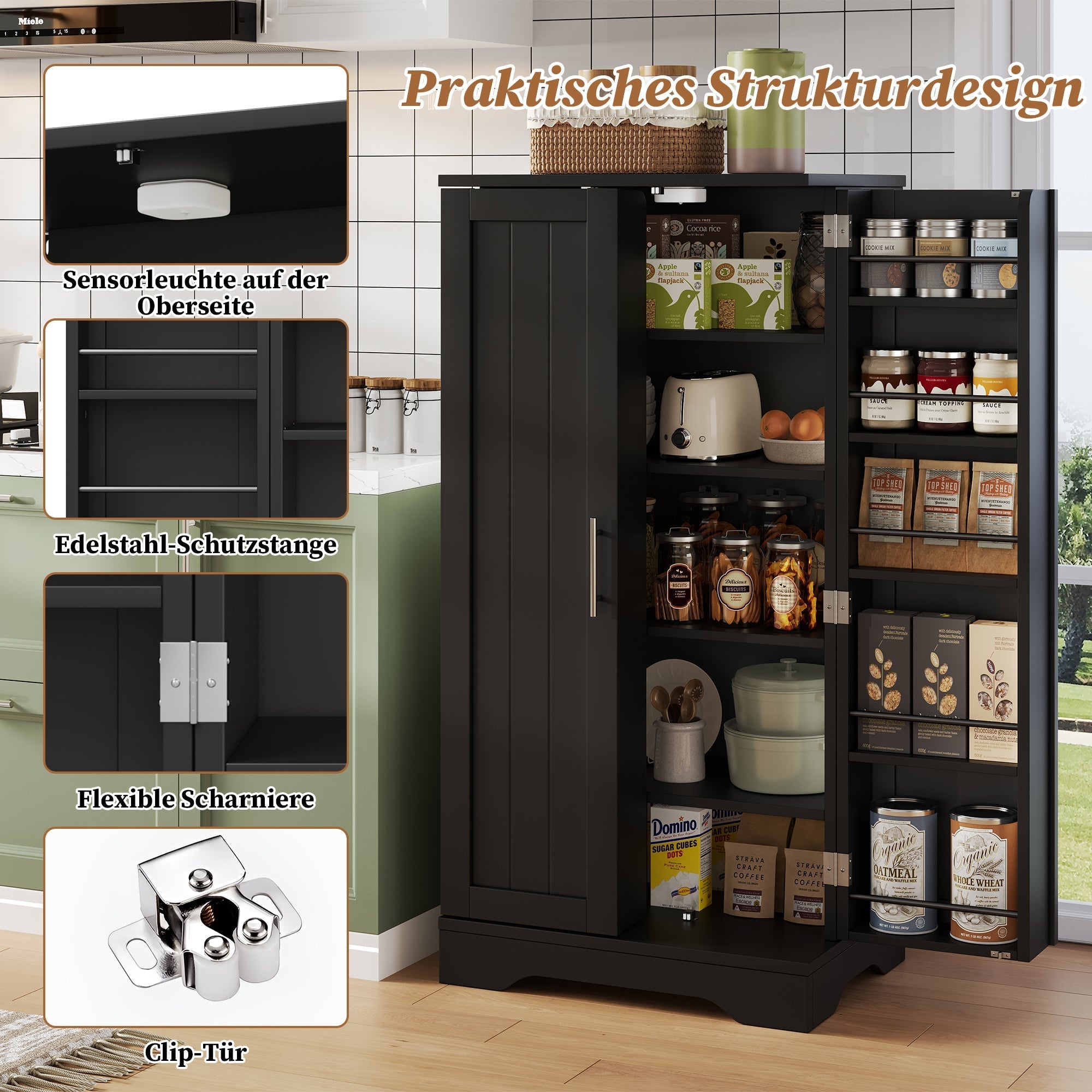 Kitchen Cabinet 120x60x40cm 2-Door LED Sensor Light Black MDF