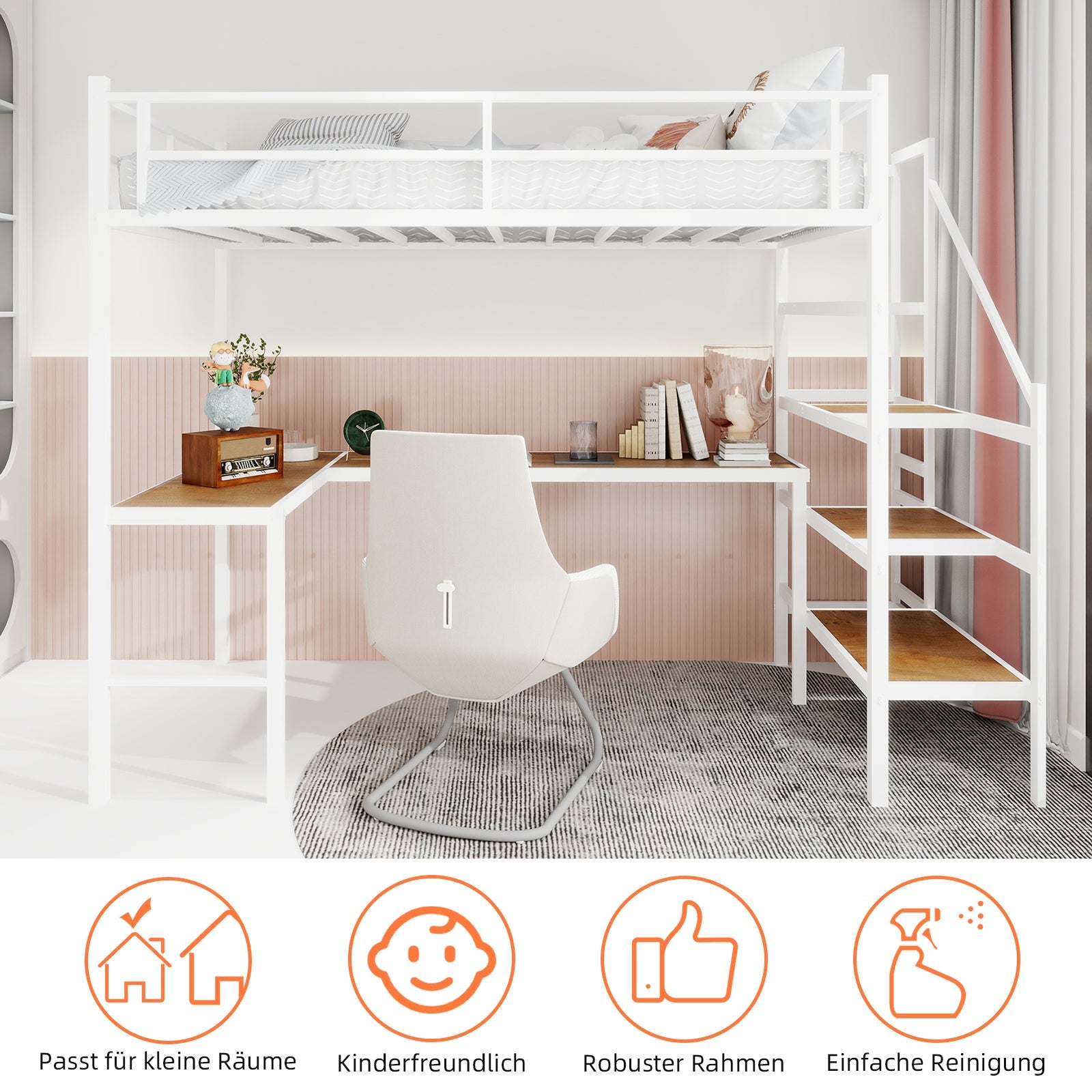 Loft Bed, L-Shaped Desk, Storage & Stairs, Sturdy Frame