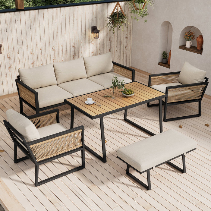 5-Piece Garden Dining Set with 3-Seater Sofa, 2 Armchairs, Stool and Table, Woven Rope and Steel, Beige
