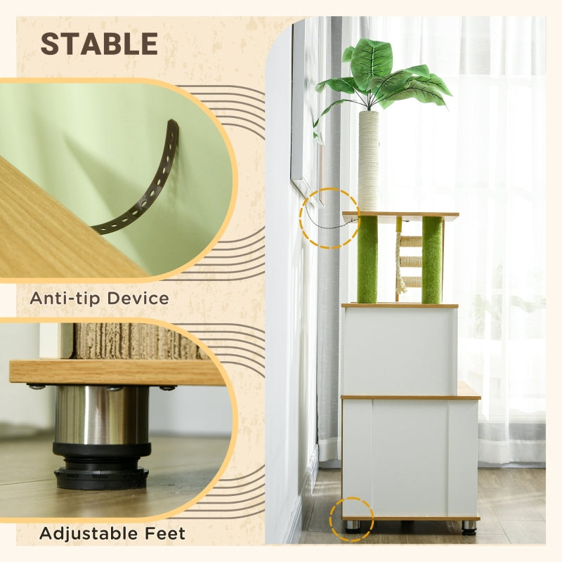 2-in-1 Hidden Cat Litter Box, with House, Ladder, Scratching Posts, Platforms, Oak