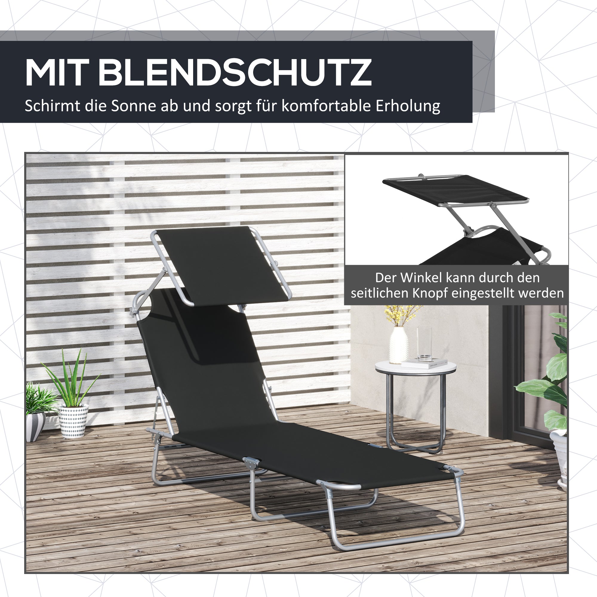 Folding Sun Lounger with Sunshade, 187x58x36 cm, Black