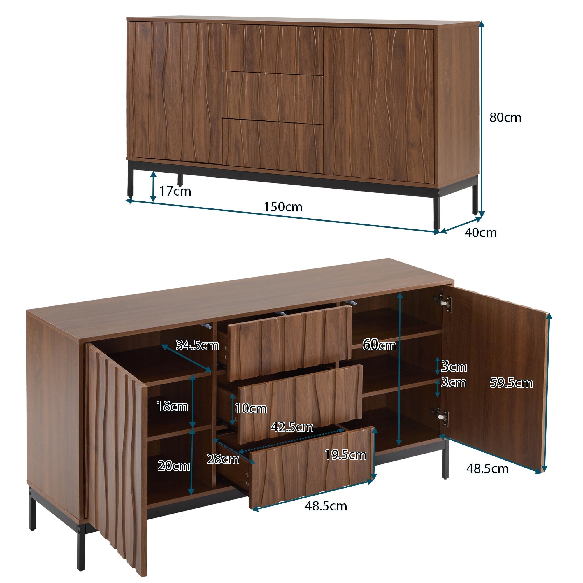 Sideboard 150cm with 3 Drawers and One-Piece Cutout, Dark Grained Oak