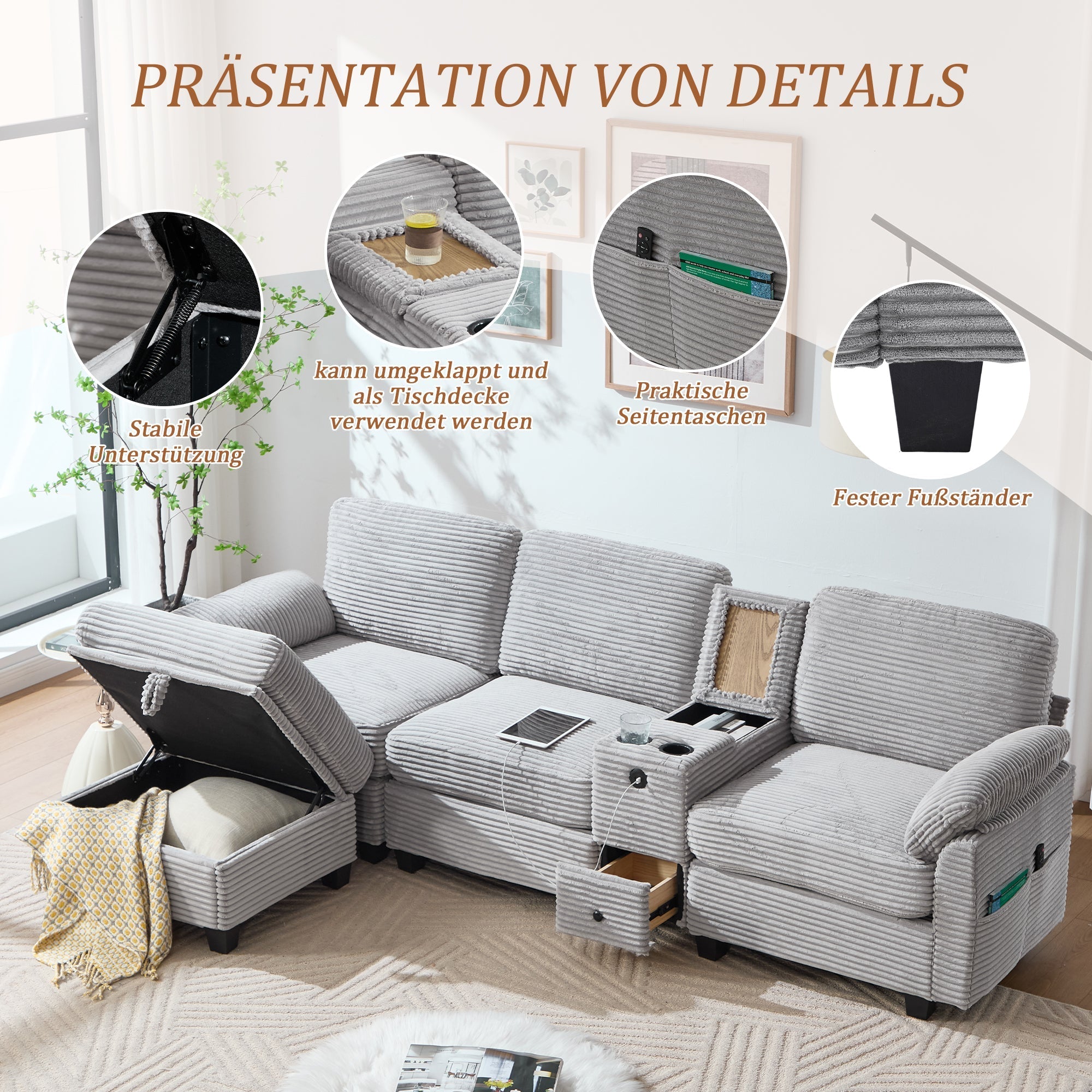 Corduroy Sofa Large Comfort Foam Console USB-C Storage Drawer Ottoman