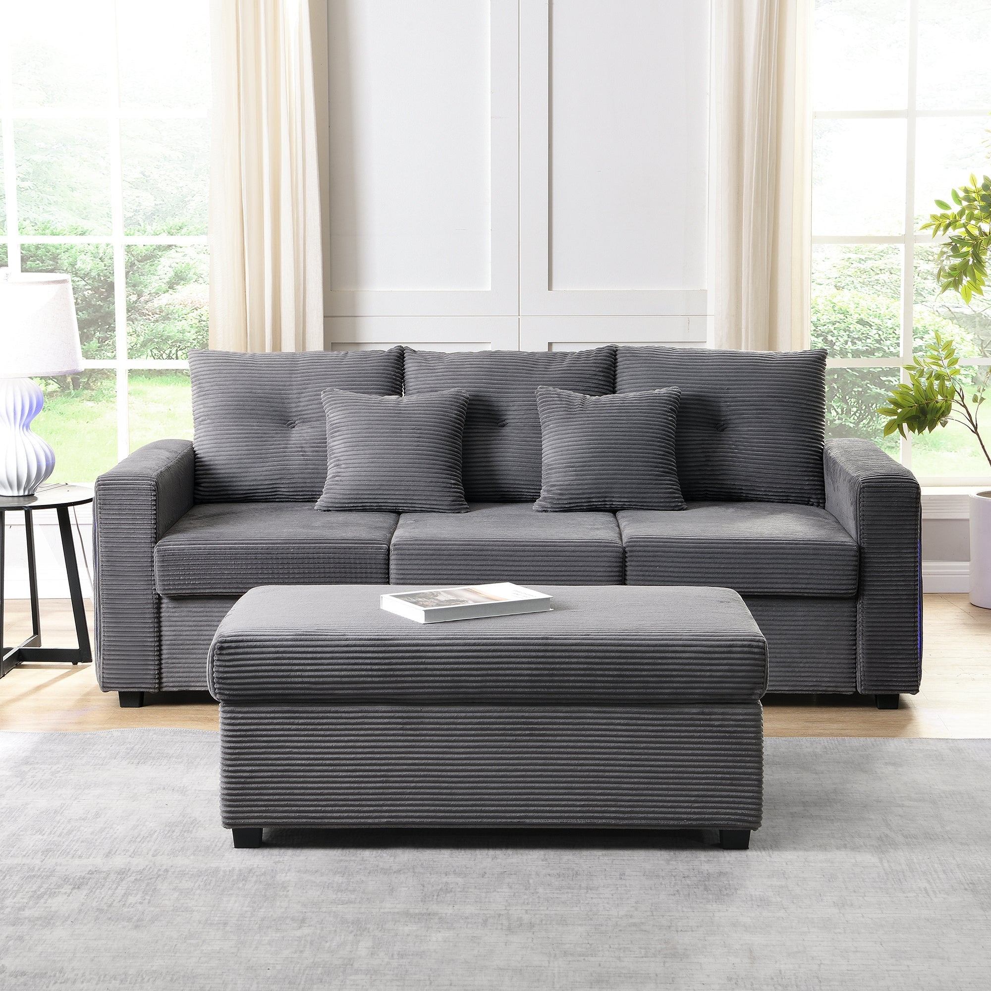 Sofa, 5-Cushion Supreme Set LED 3-Seater with Ottoman, Modular L-Shaped