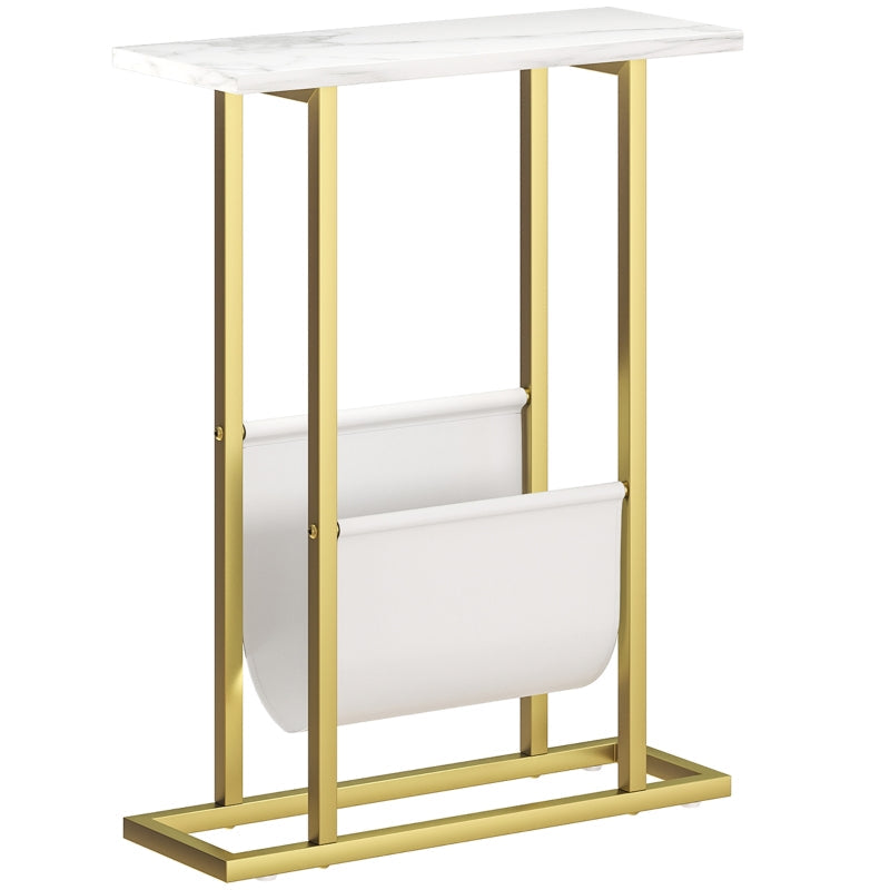 Narrow Side Table End Table Nightstand with Magazine Holder, White Marble Grain