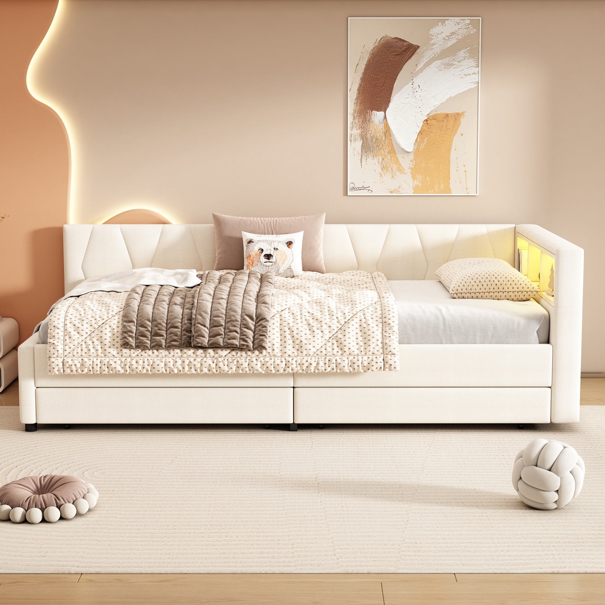 Daybed Sofa Bed 90x200cm Storage USB/Type-C LED Light 2 Drawers - Linen Beige