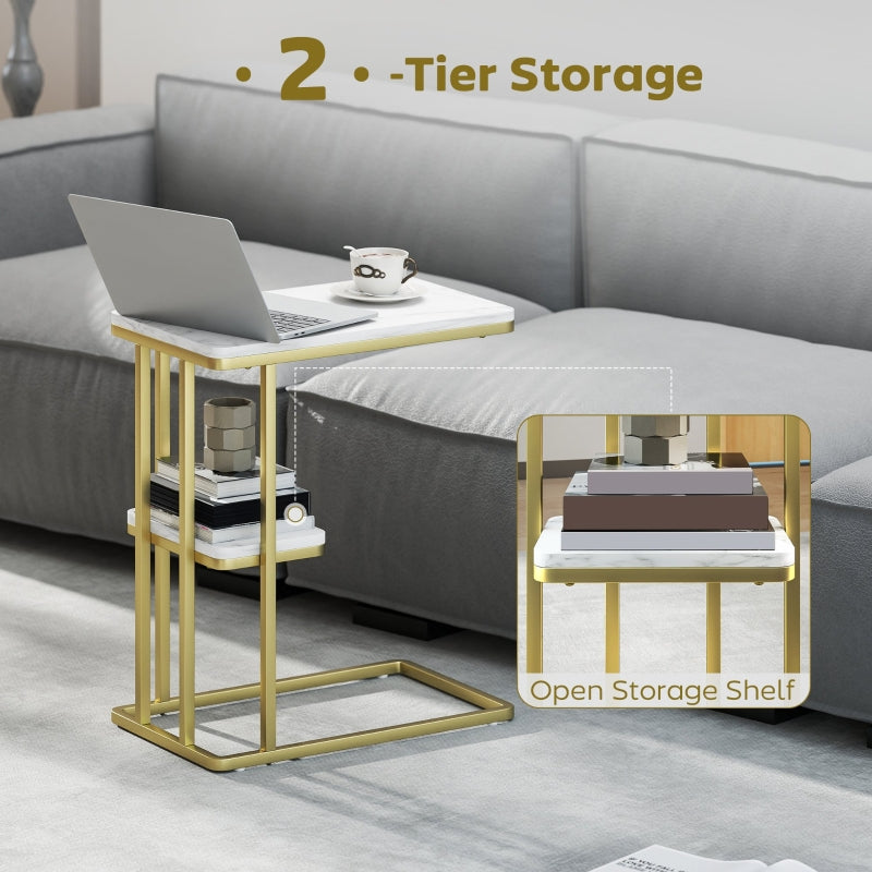 C-Shaped Narrow Side Table, 2-Tier Slim End Table Nightstand for Small Spaces, White Marble Grain