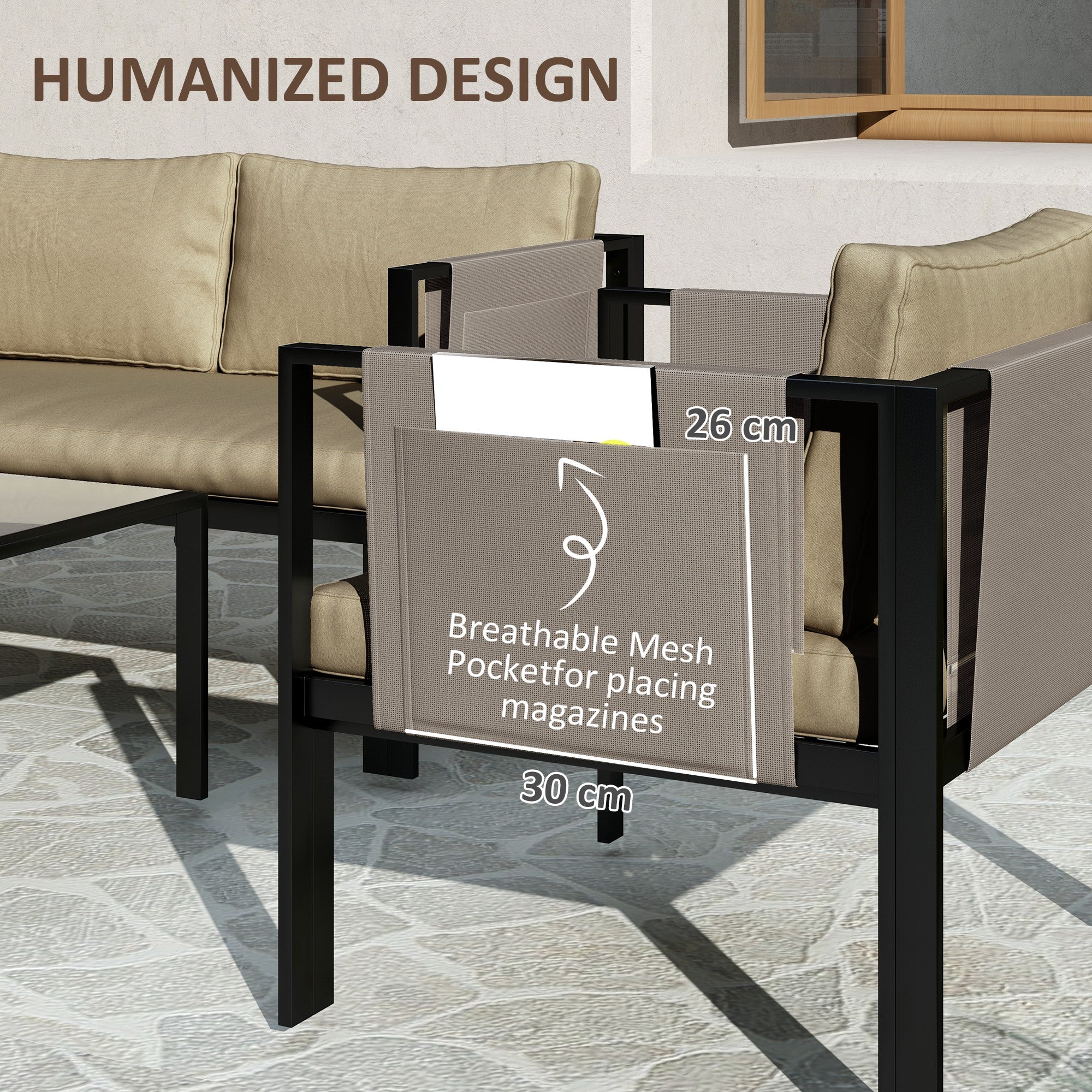 4 Piece Garden Furniture Set with Tempered Glass Coffee Table, Loveseat, Armchairs, Padded Cushions, Khaki Metal