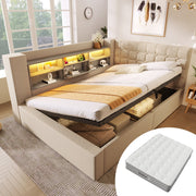 Upholstered Double Bed with LED, Hydraulic Storage and L-Shaped Headboard, 140x200cm, Beige Linen with Mattress