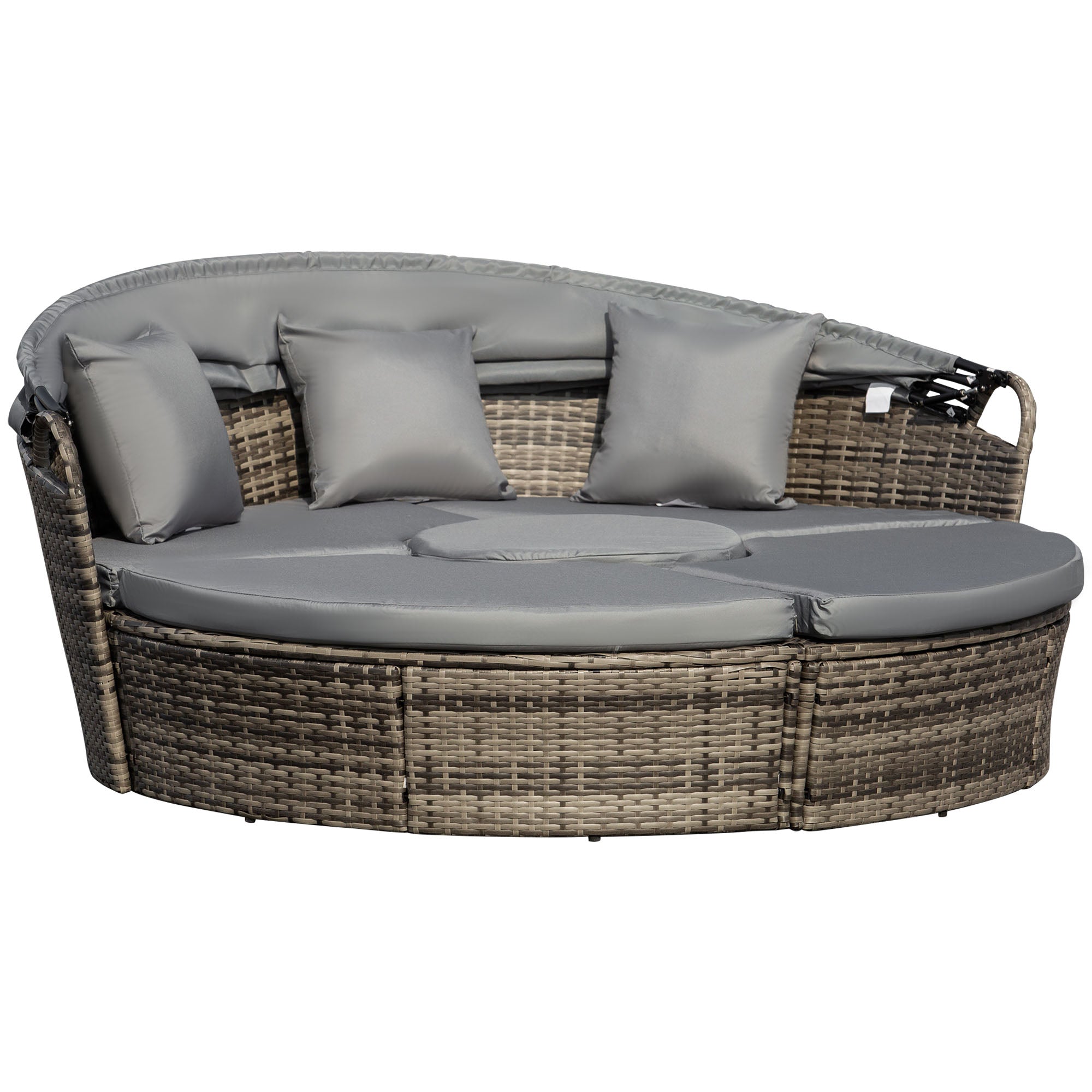 Outdoor PE Rattan Garden Furniture Set with Round Daybed, Retractable Canopy, Cushions, Dark Grey Rattan
