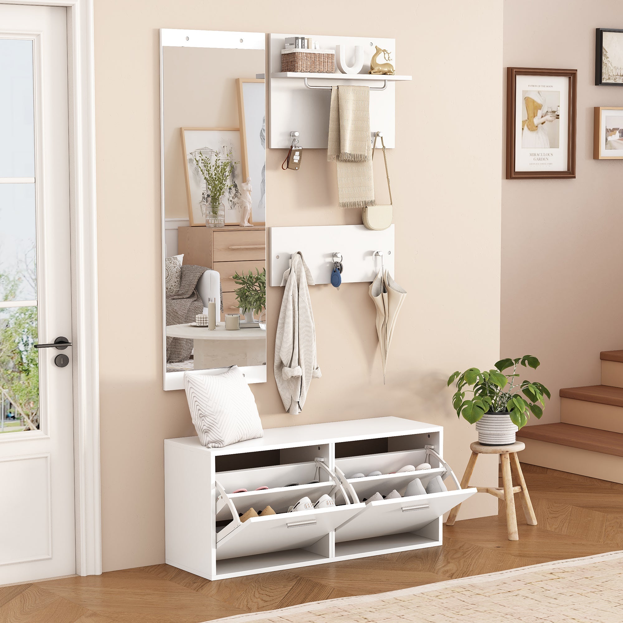 4-Piece Wardrobe Set, 90x30x41.5cm Mirror Hat Shelf Shoe Cabinet 6 Hooks, White