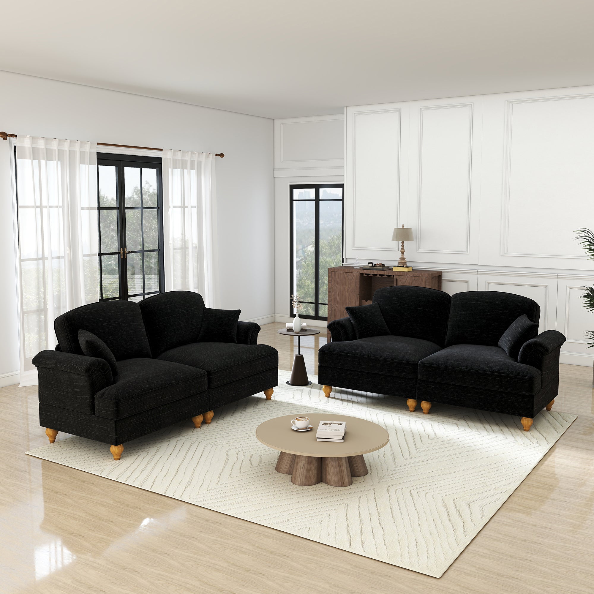 Mid-Century L-Shaped 2-Seater Sofa with Movable Ottoman - Black Chenille