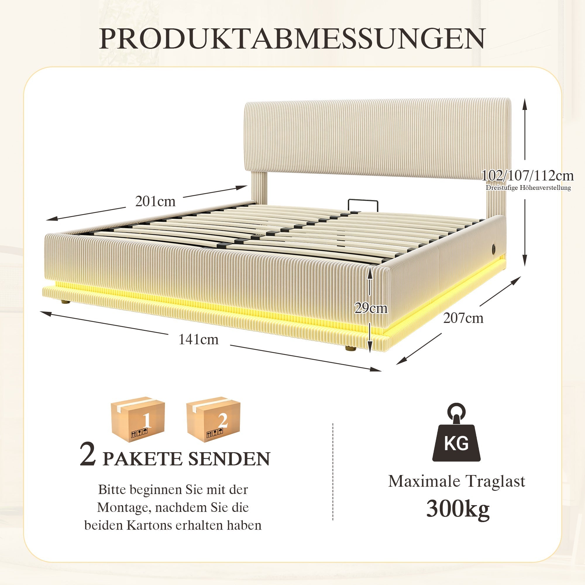 Modern Upholstered Bed with LED Lighting, USB-C and Storage, Corduroy Beige
