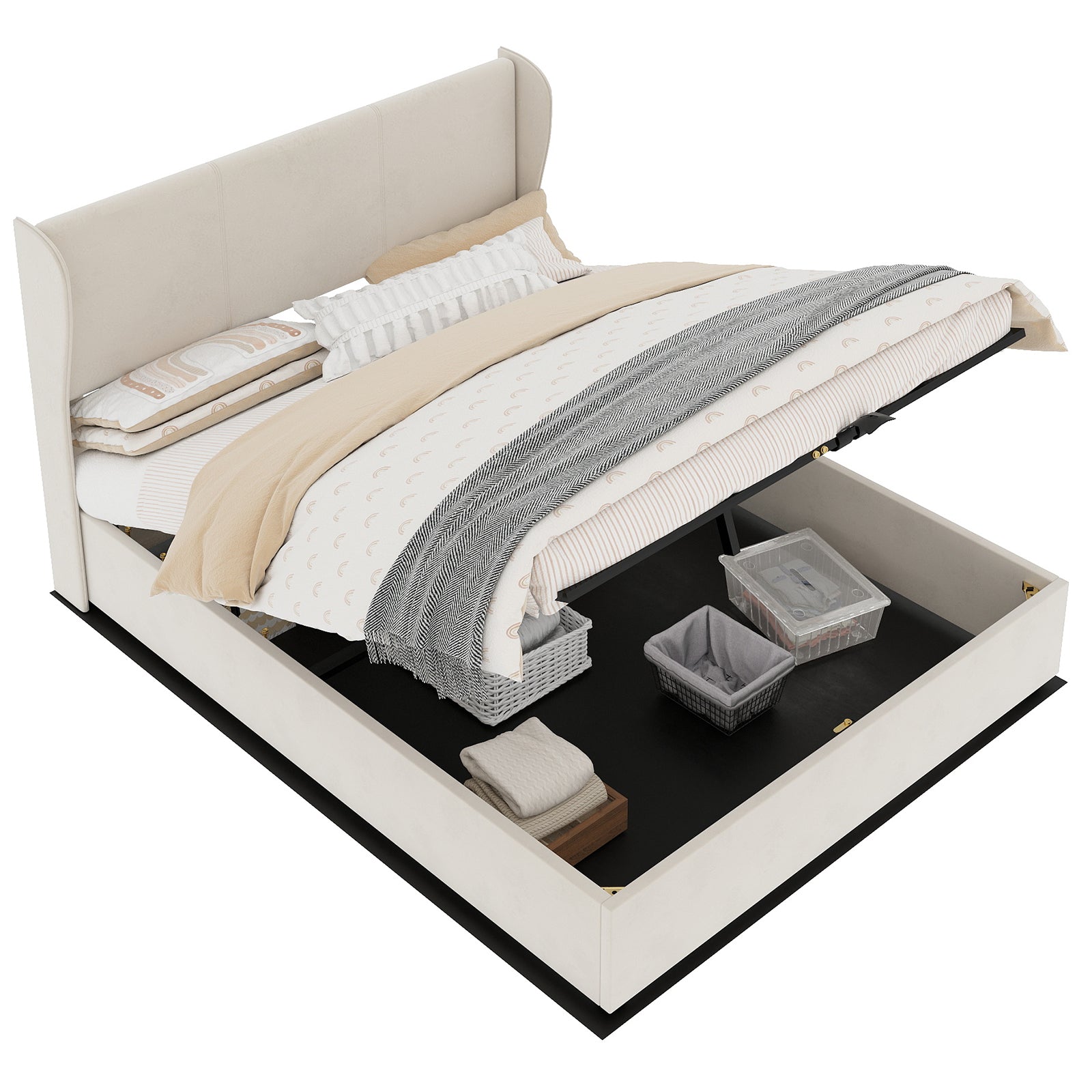 Upholstered Bed 160x200cm Gas Lift Storage Soft Headboard - Beige