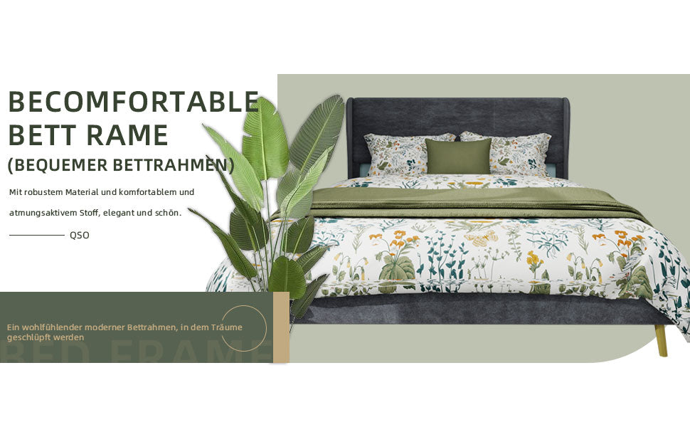 Upholstered Bed, Modern Minimalist Soft Headboard, 160x200 cm Grey