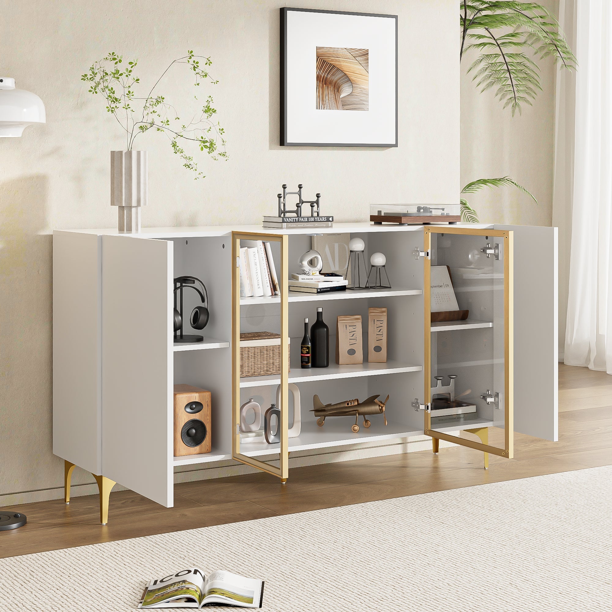 Sideboard, 4-Door with Glass & Metal, Handleless, White
