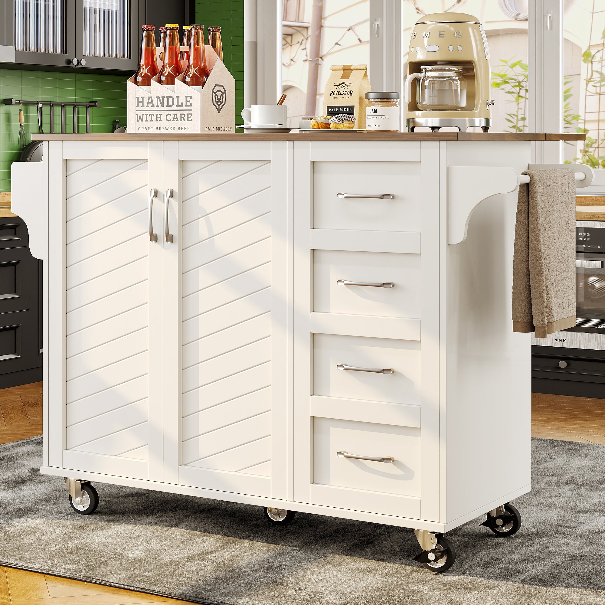 Kitchen Cart with Towel Rail, Spice Rack, Adjustable Dividers, White Wood Grain