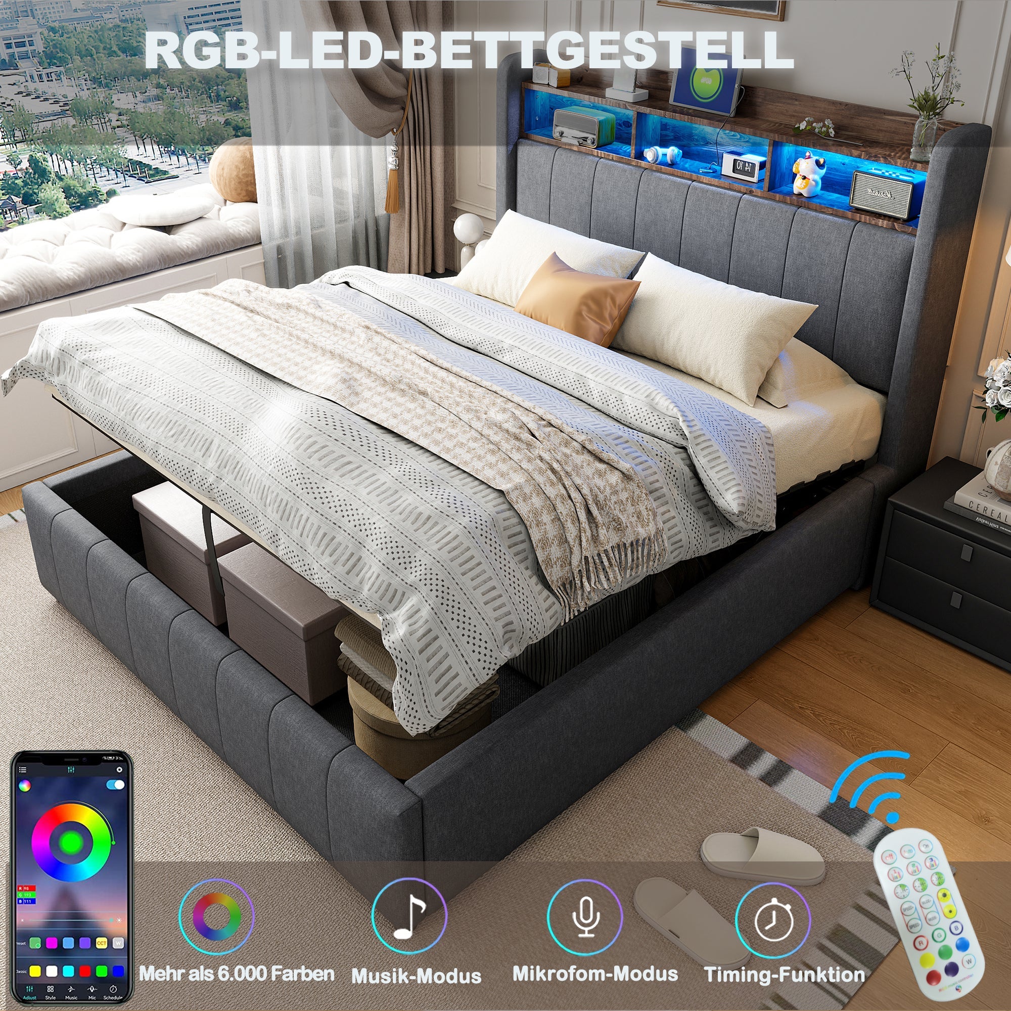 Upholstered Bed 160*200cm, LED Lighting, USB Socket, Hydraulic Storage, Linen Fabric Gray