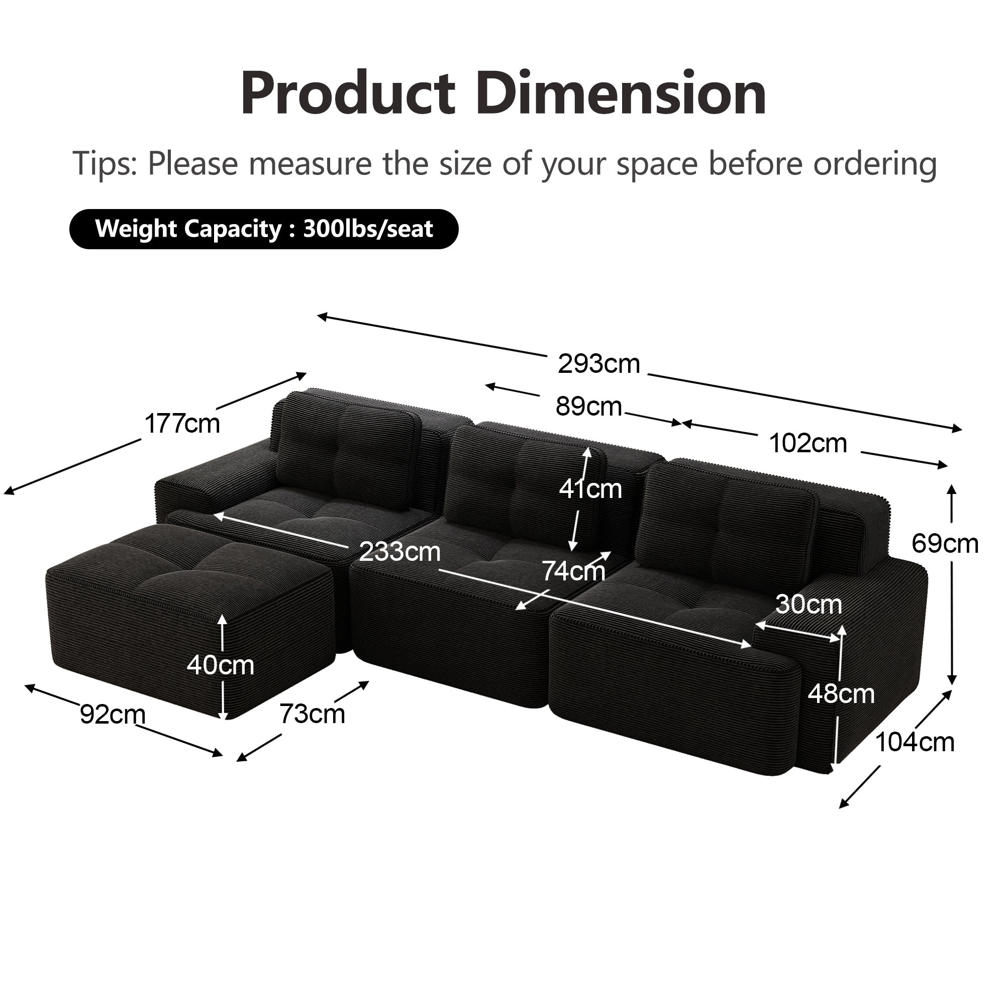 Cloud Modular Sofa L-shaped 3-Seater Ottoman Corduroy Black