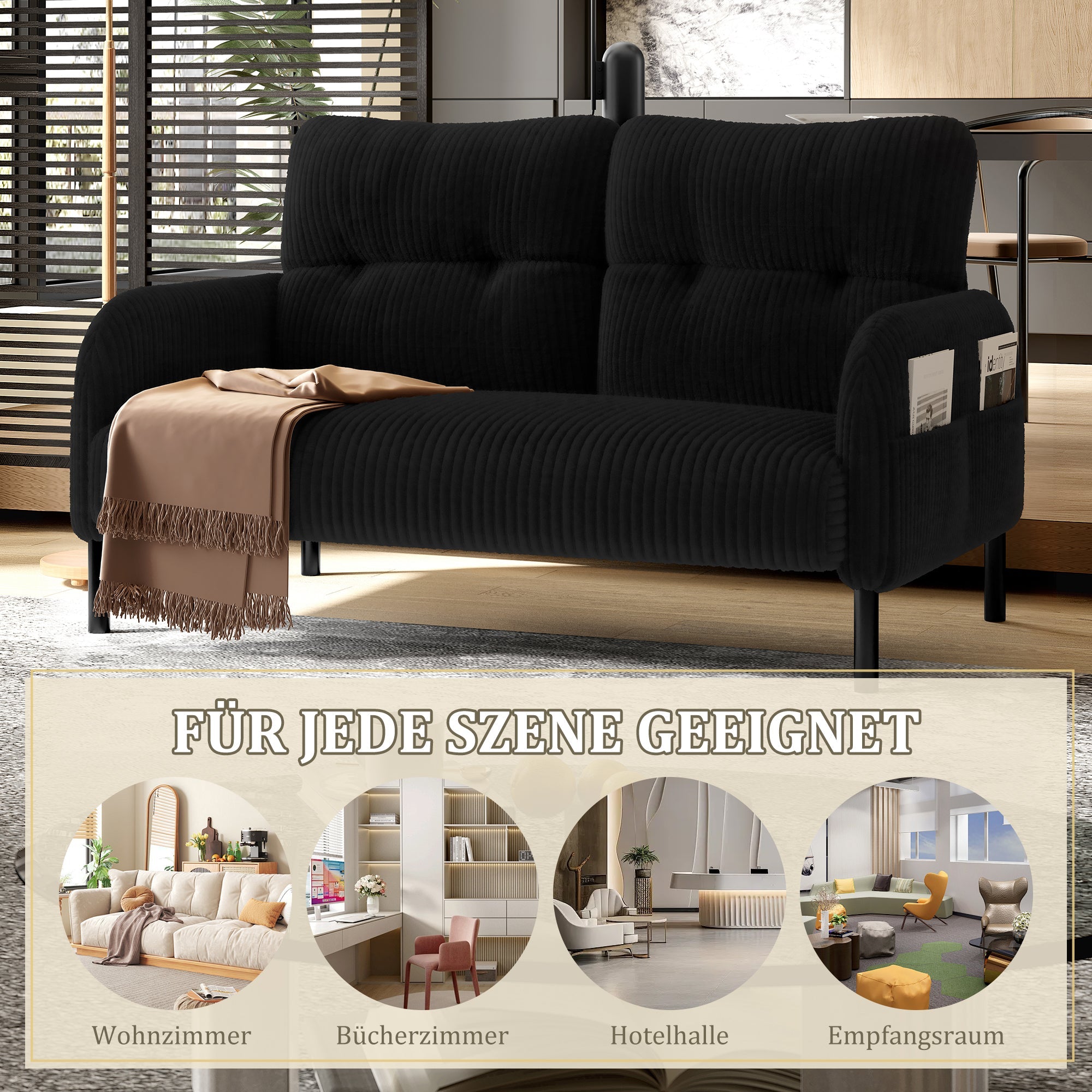Two-Seater Sofa, Comfort Padding High Backrest Side Pockets Metal Feet, Corduroy