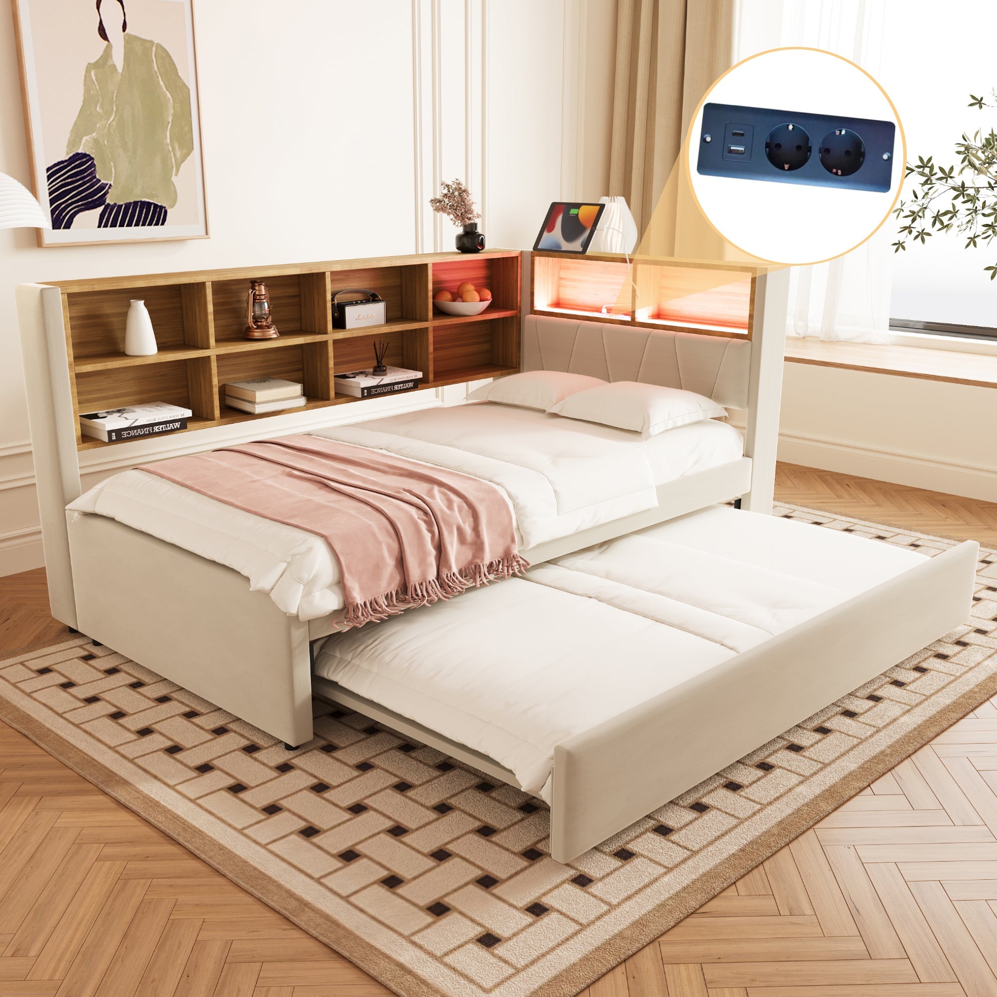 Sofa Bed 90x200 Pull-Out LED Storage Flannel Beige