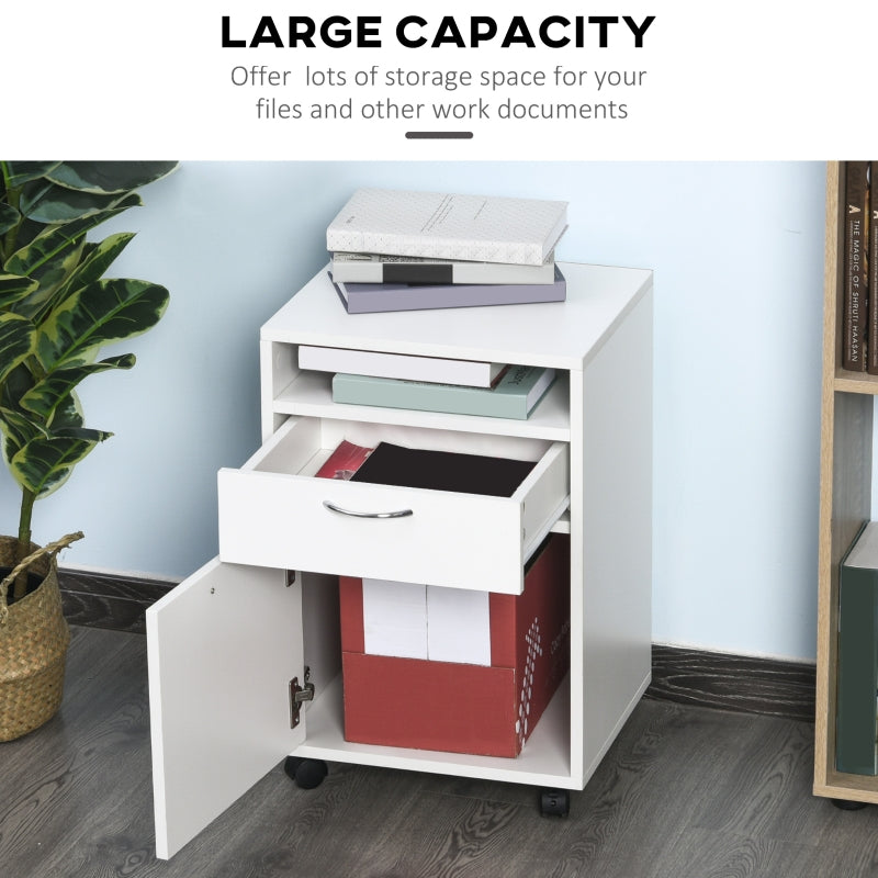 60cm Filing Cabinet with Drawer, Open Shelf, and Wheels, White Engineered Wood