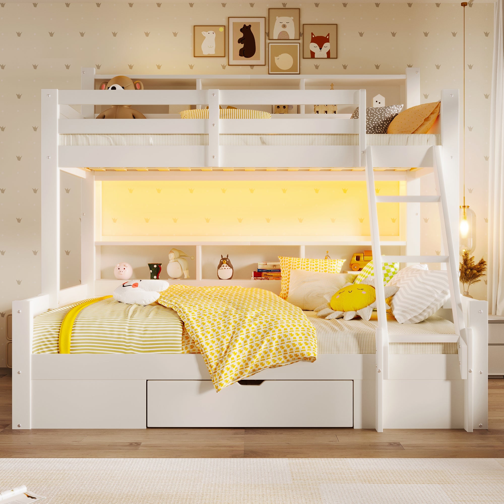 Bunk Bed with Storage Shelves, Drawer and LED Light, 90x200cm over 140x200cm, White