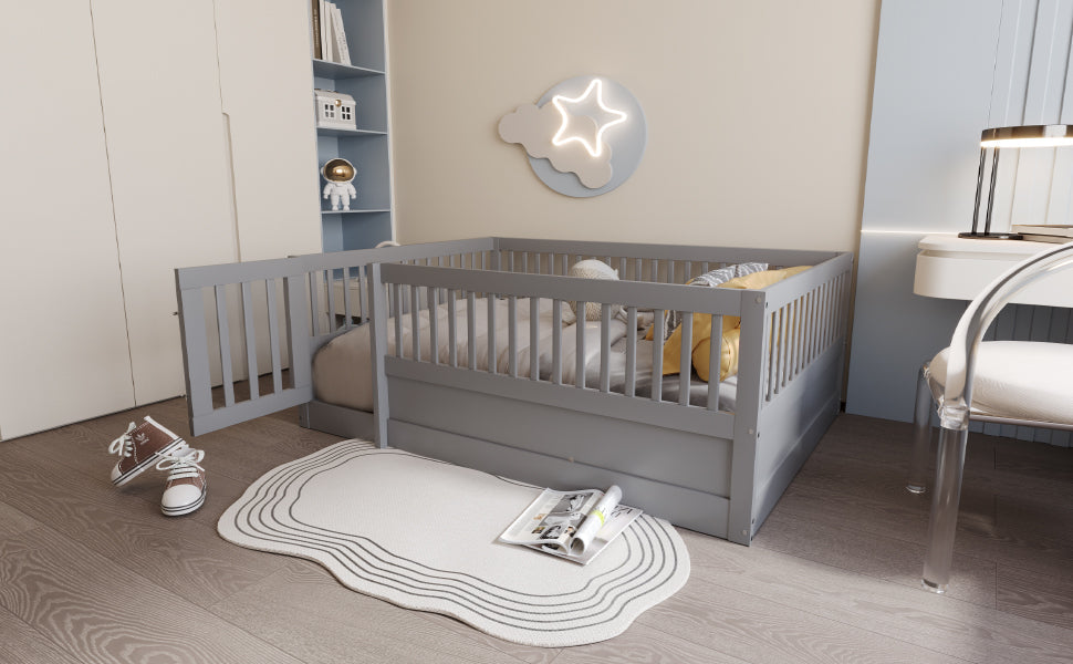 Children's Bed 140 x 200 cm, Wooden Frame with Bars & Door, Grey